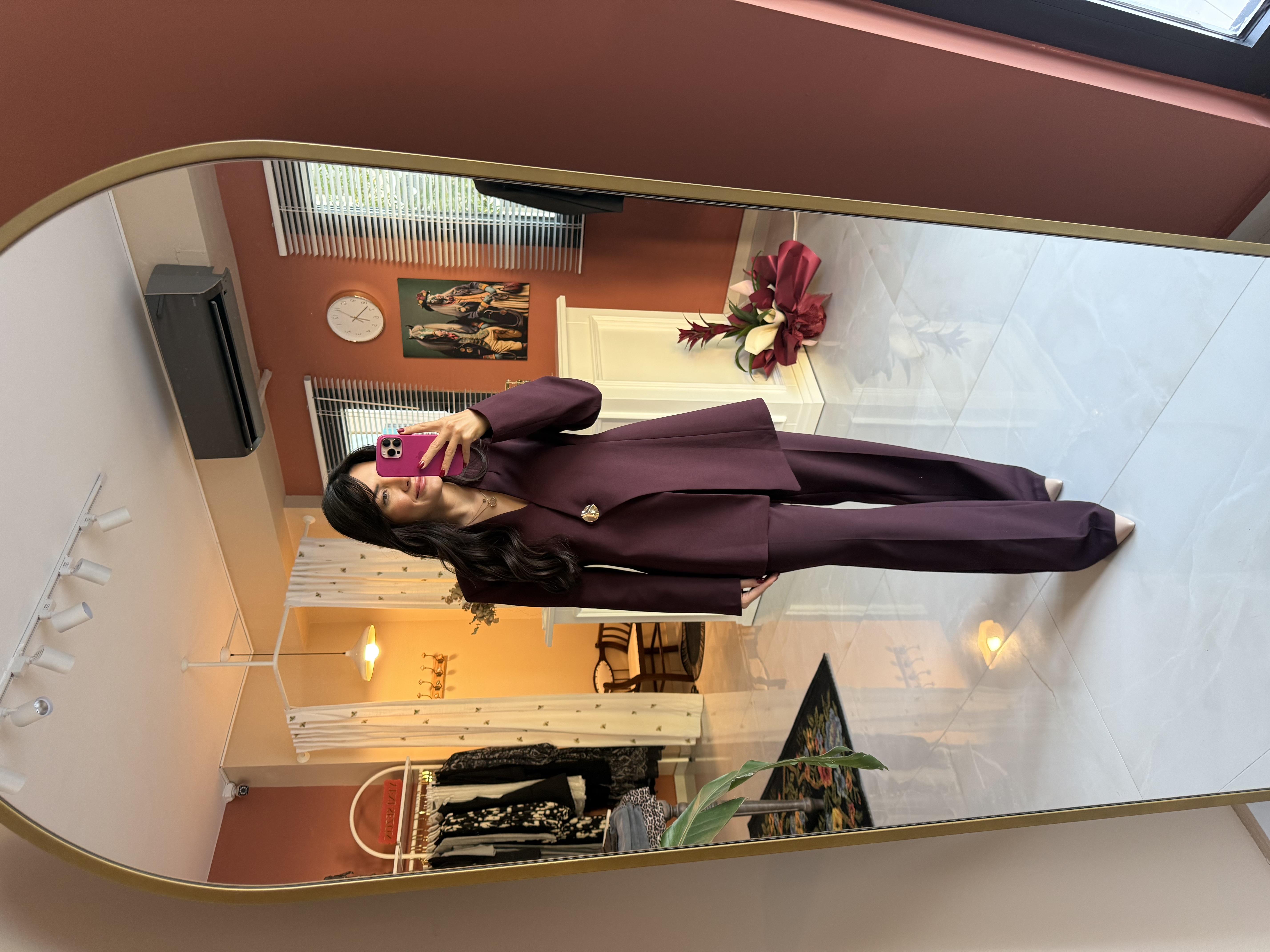 Asimetrik Kesim Mürdüm Blazer Takım · 2