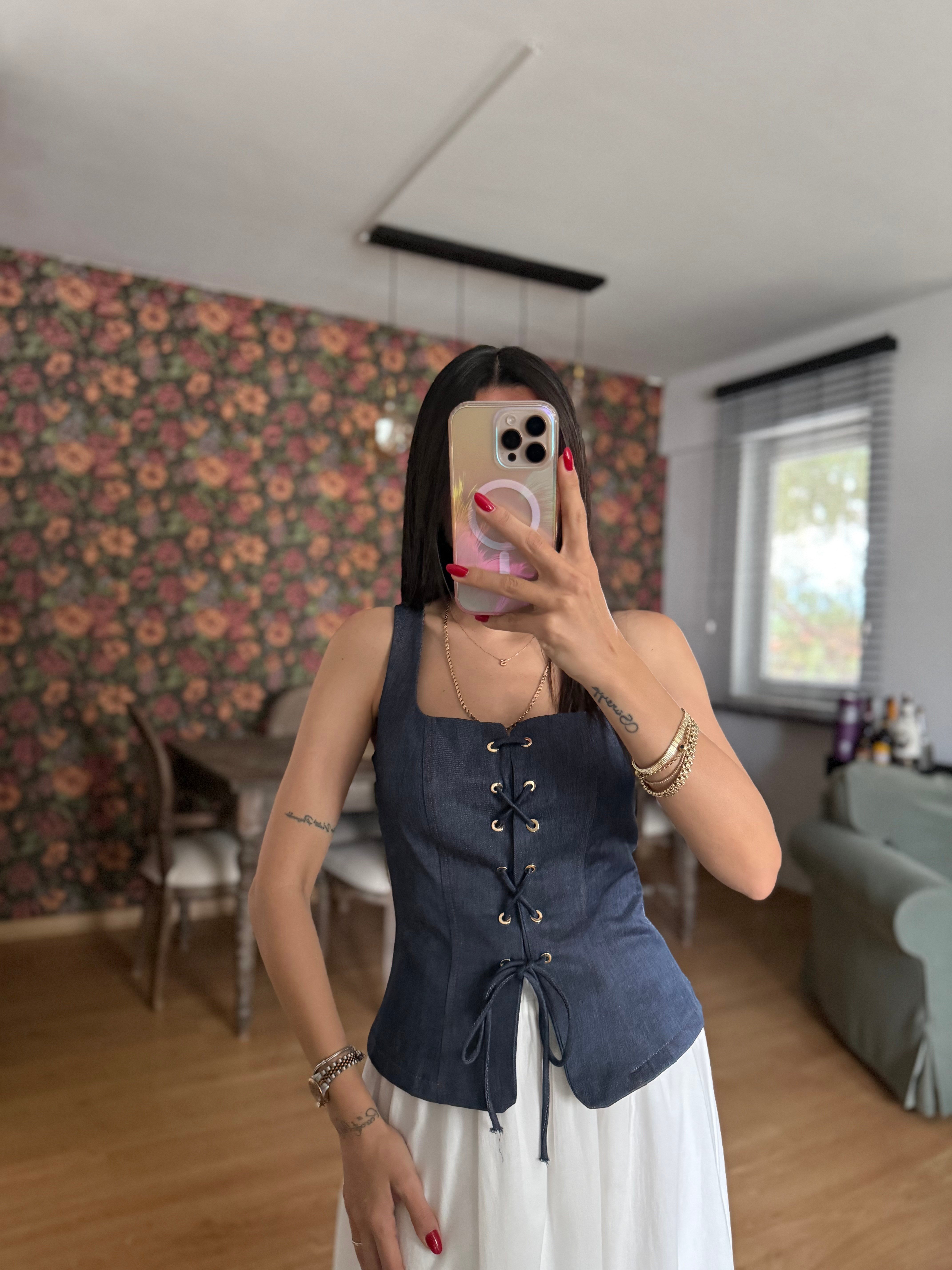 Bağcıklı Tensel Kot Lacivert Büstiyer Bluz