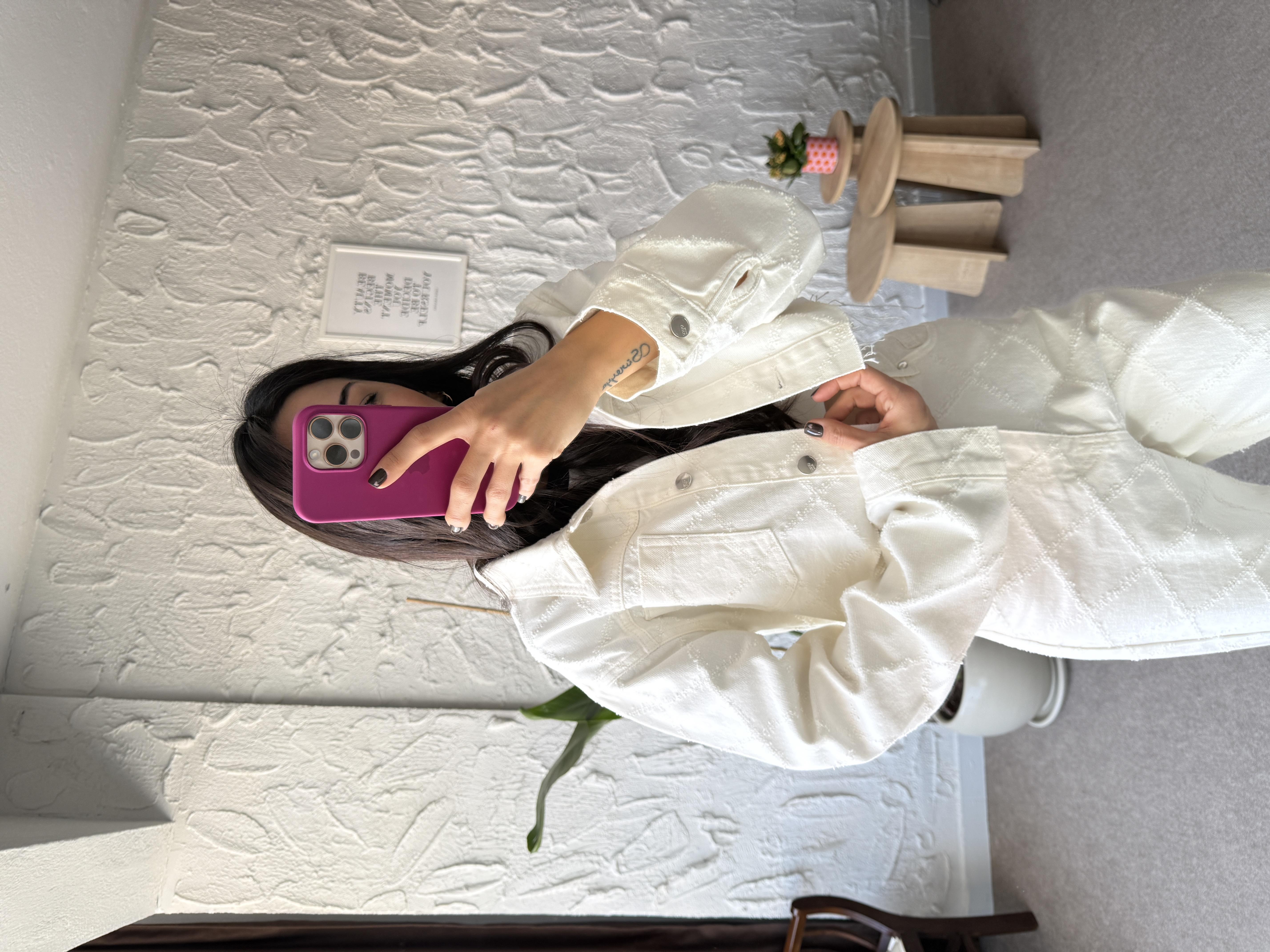 Baklava Desenli Ekru Crop Kot Ceket