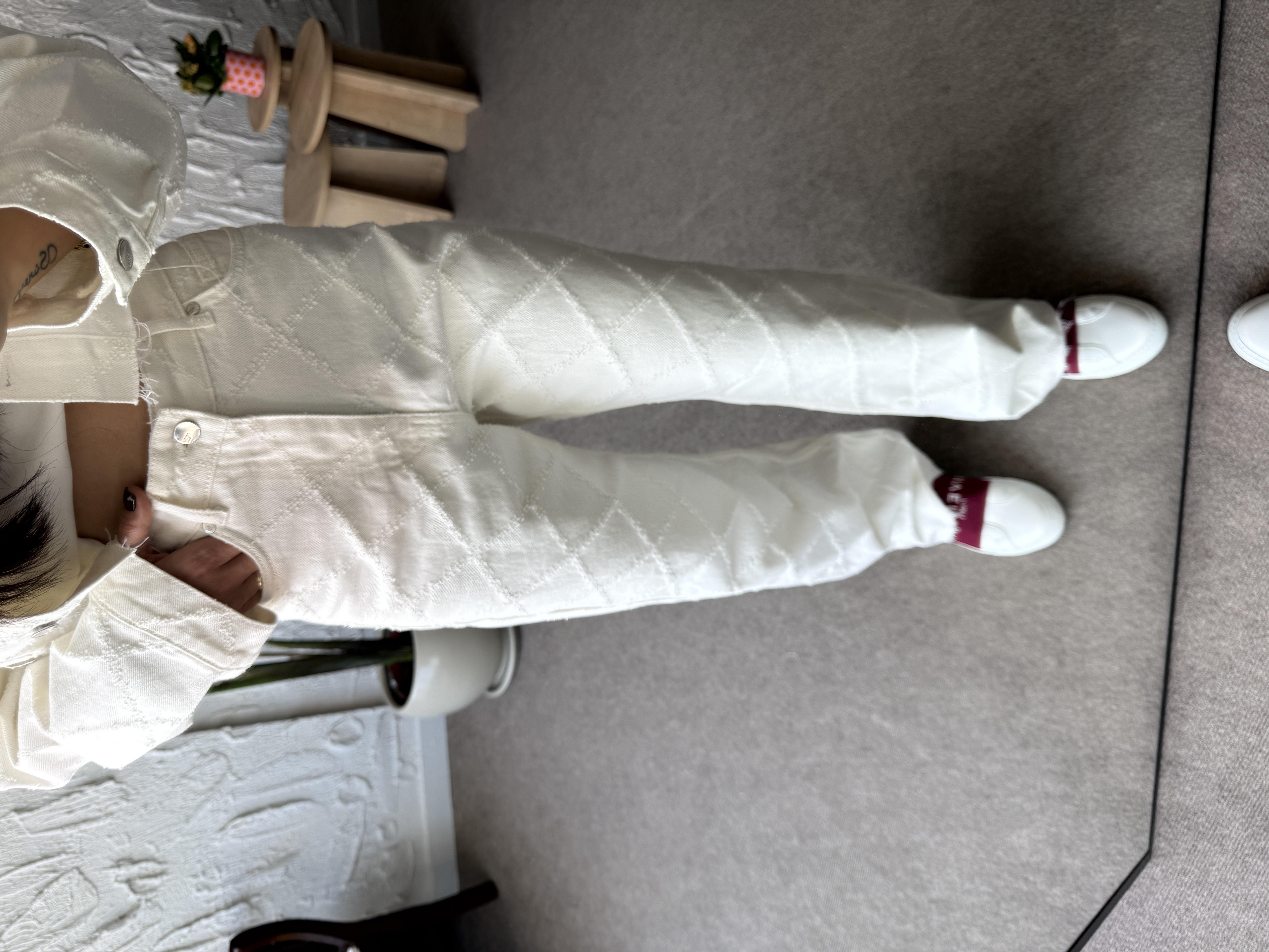 Baklava Desenli Ekru Denim Pantolon