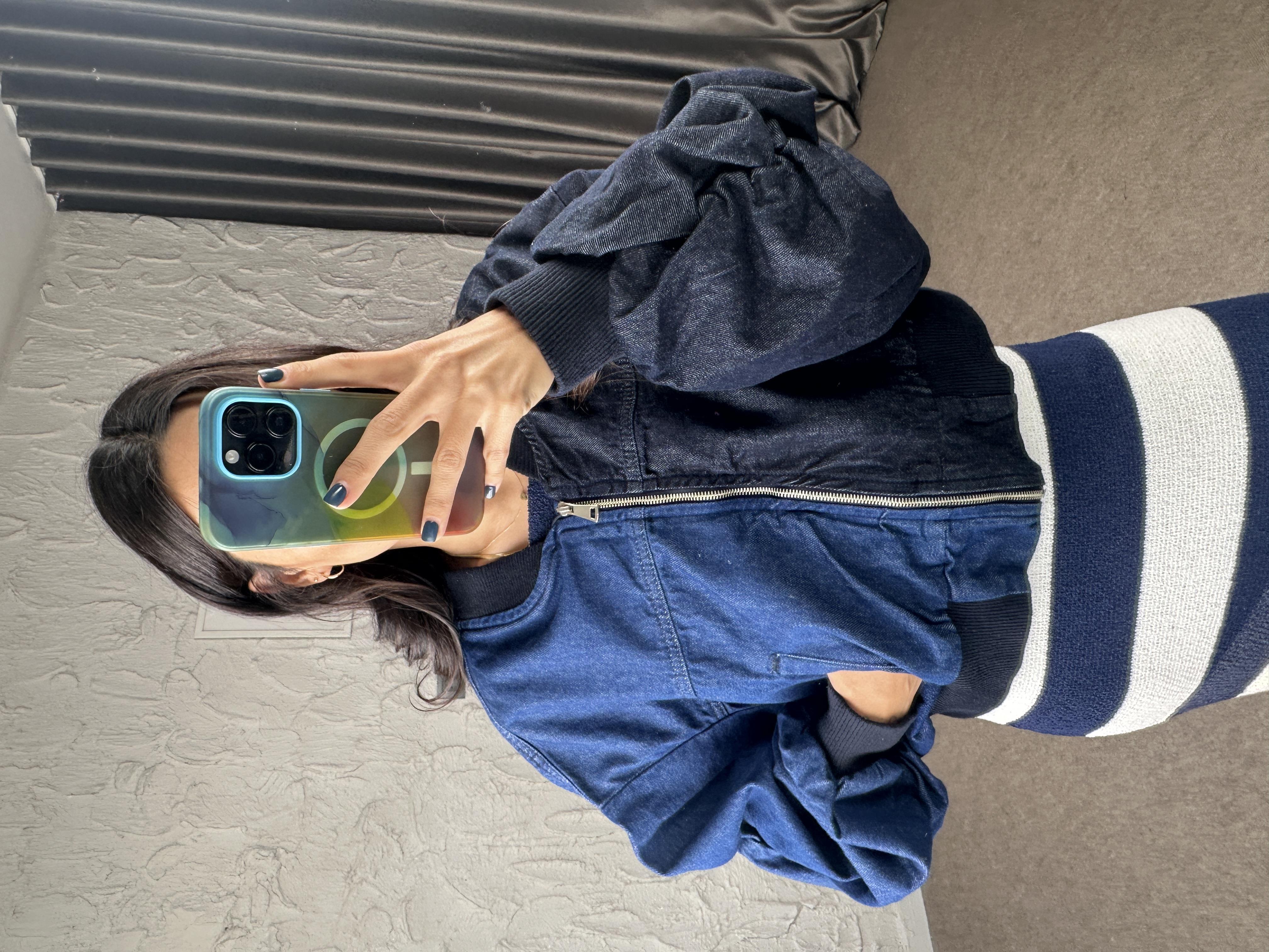 Balon Kol Çift Renk Denim Bomber Ceket 