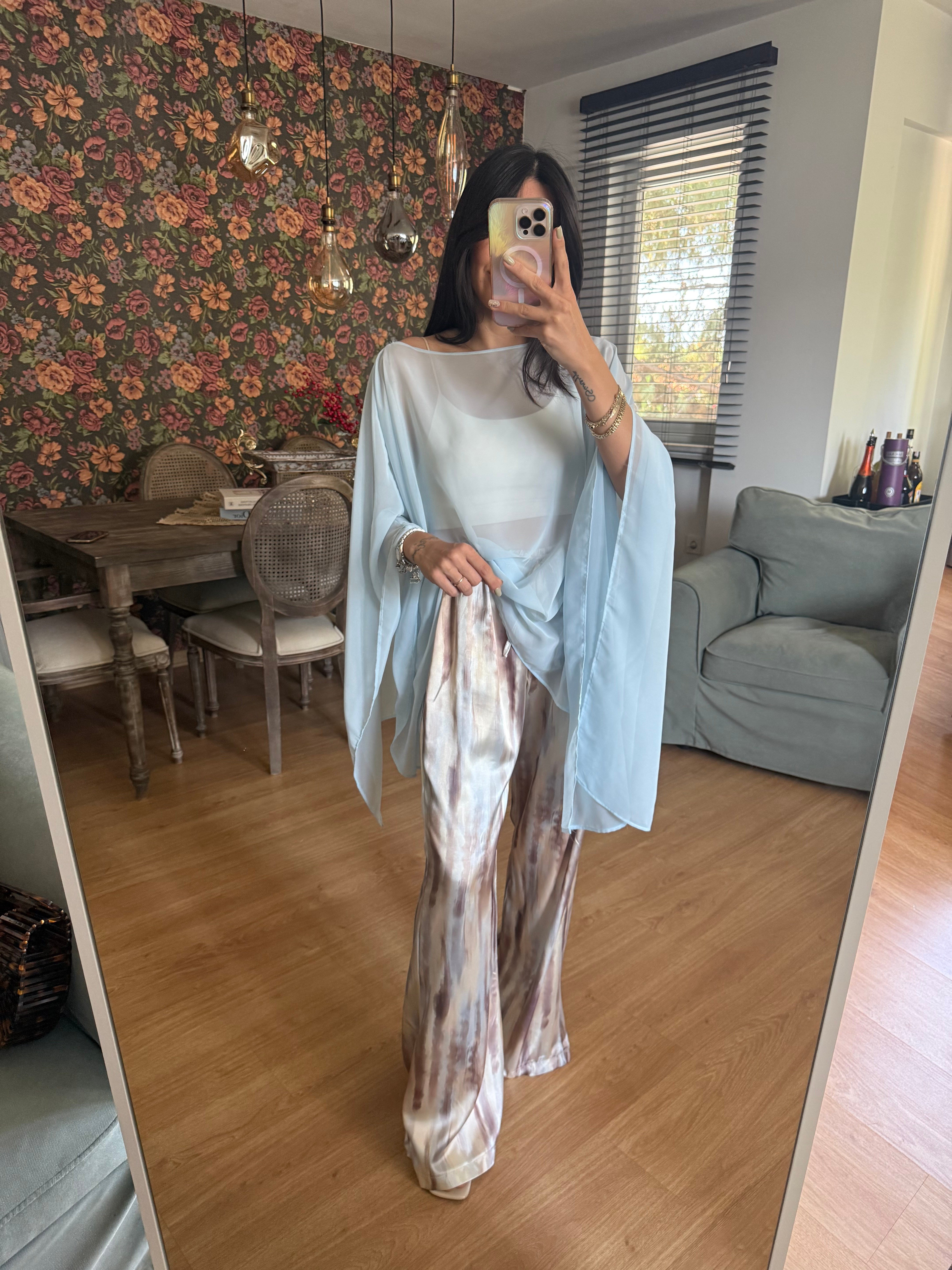 Batik Desen Saten Mavi-Sarı Pantolon