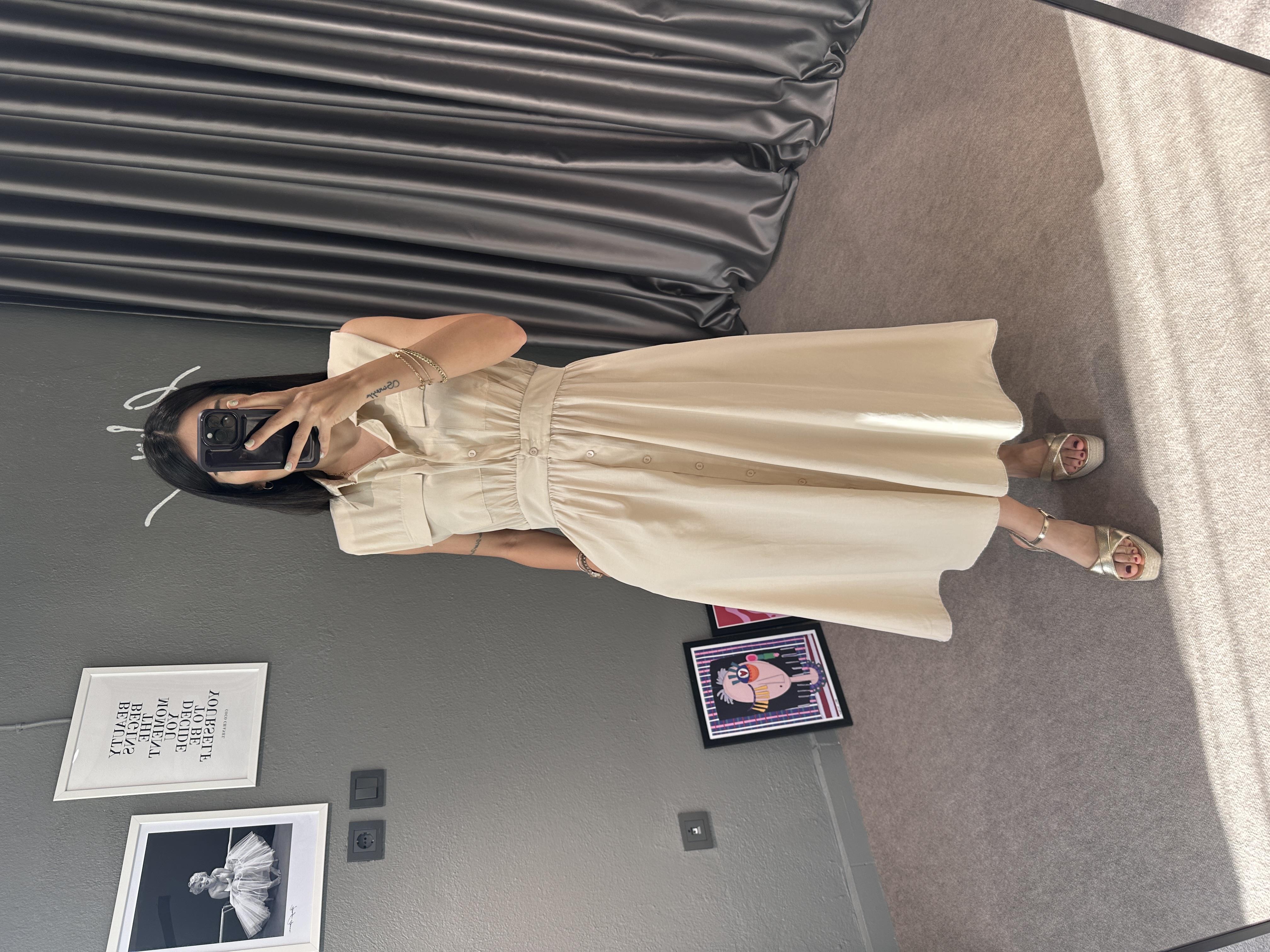 Bej Vatkalı Poplin Elbise