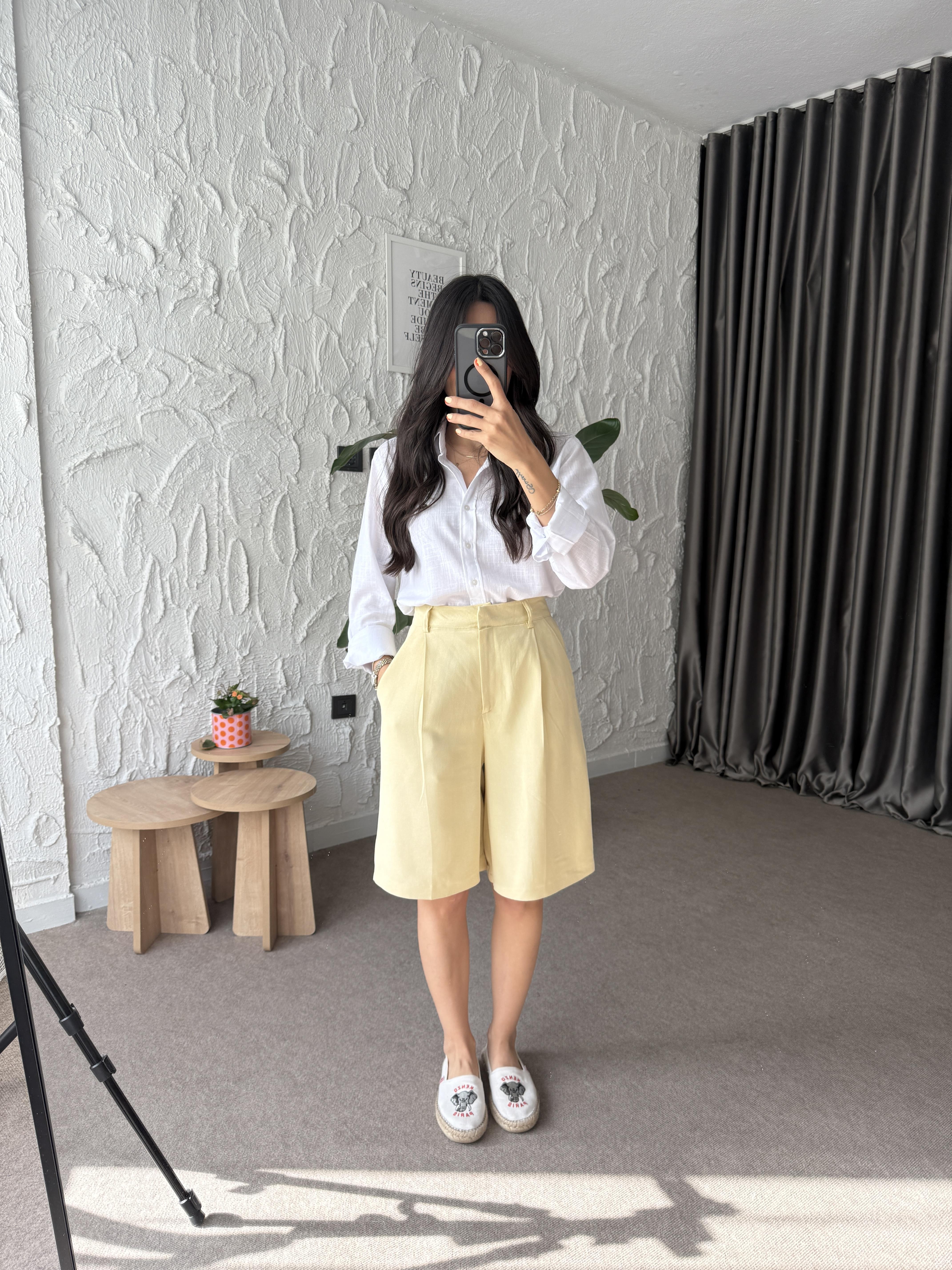 Bermuda Keten Şort - Sarı