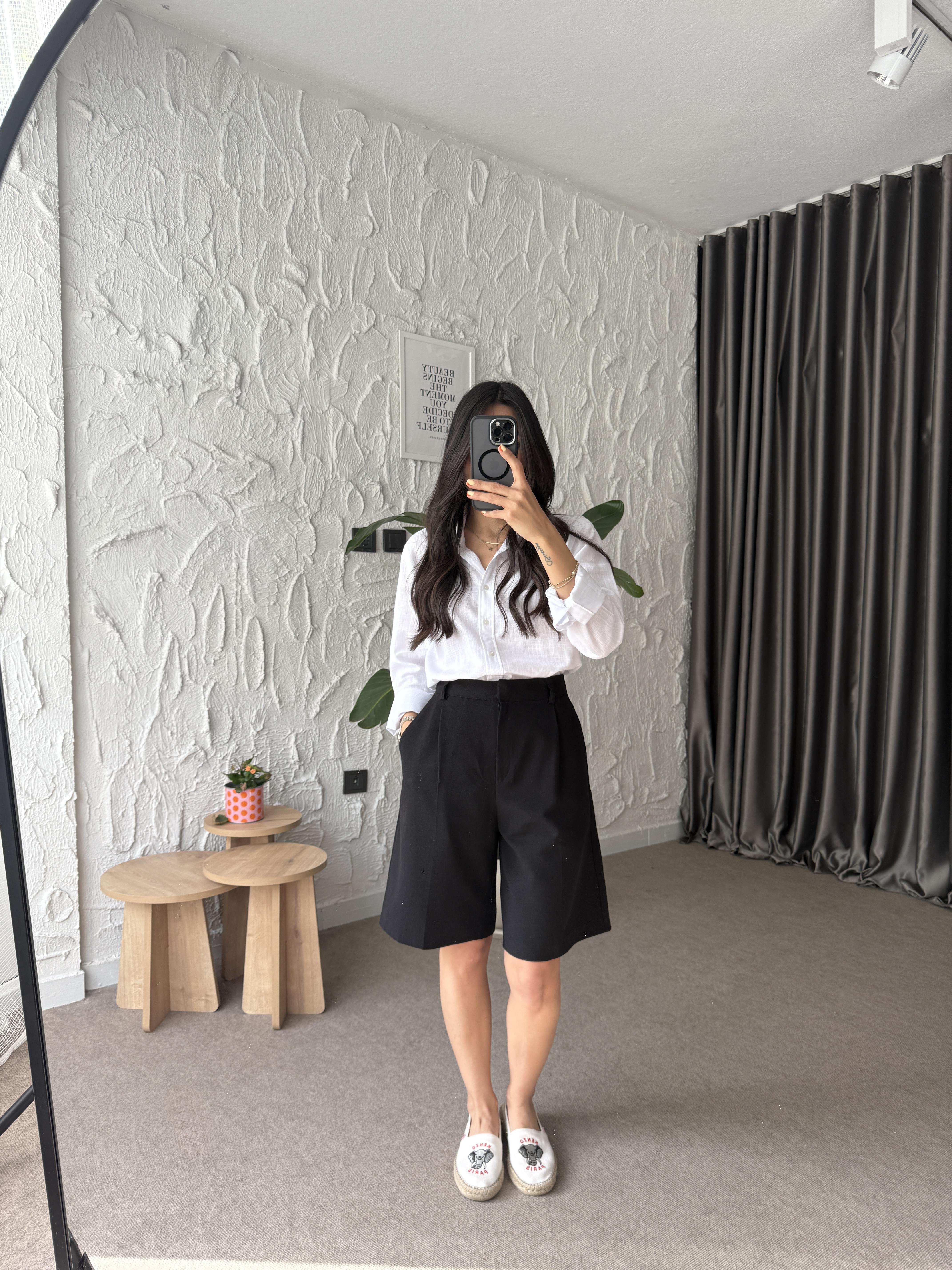 Bermuda Keten Şort - Siyah