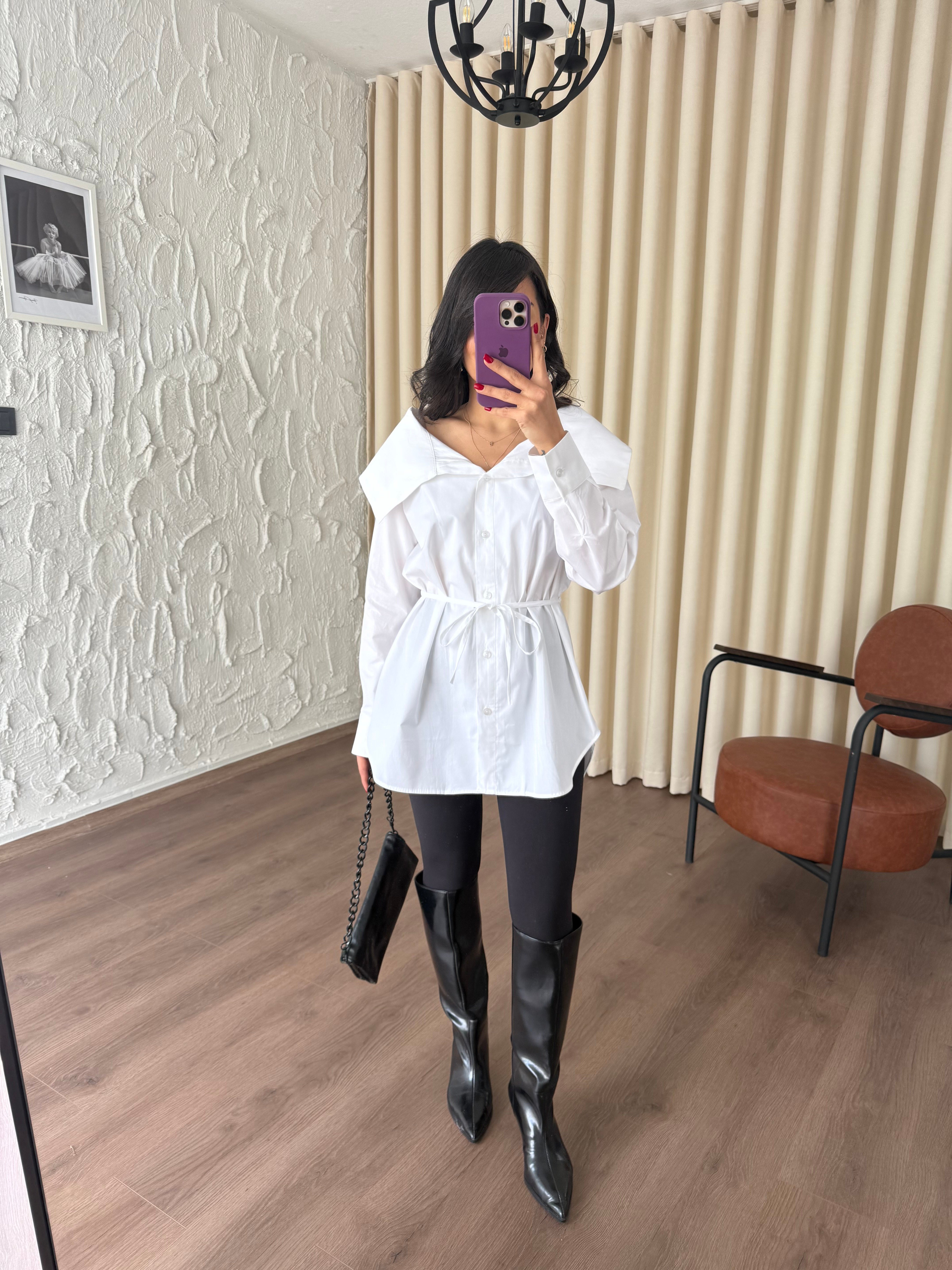 Beyaz Düşük Yakalı Poplin Gömlek