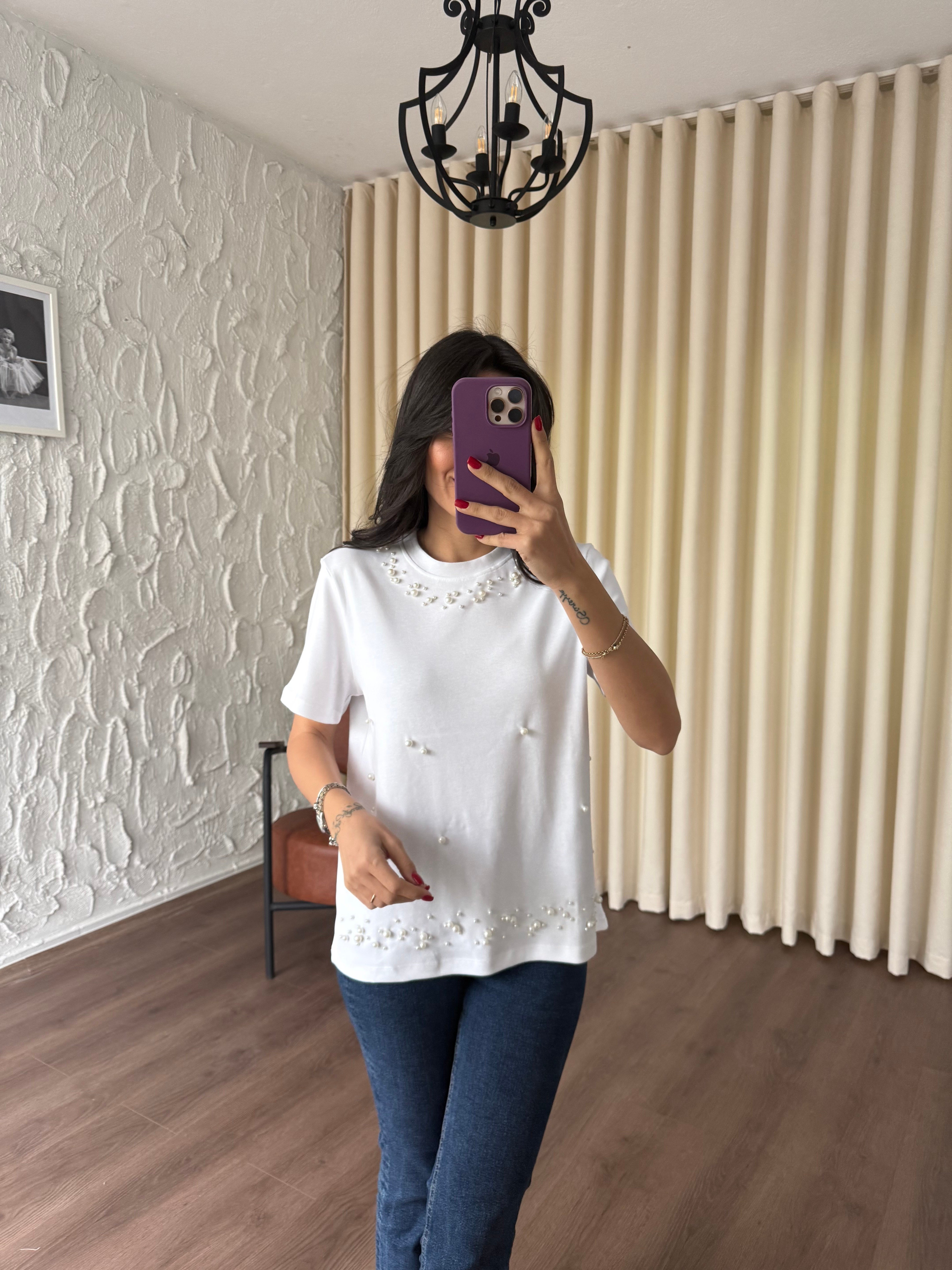 Beyaz İncili Tshirt 