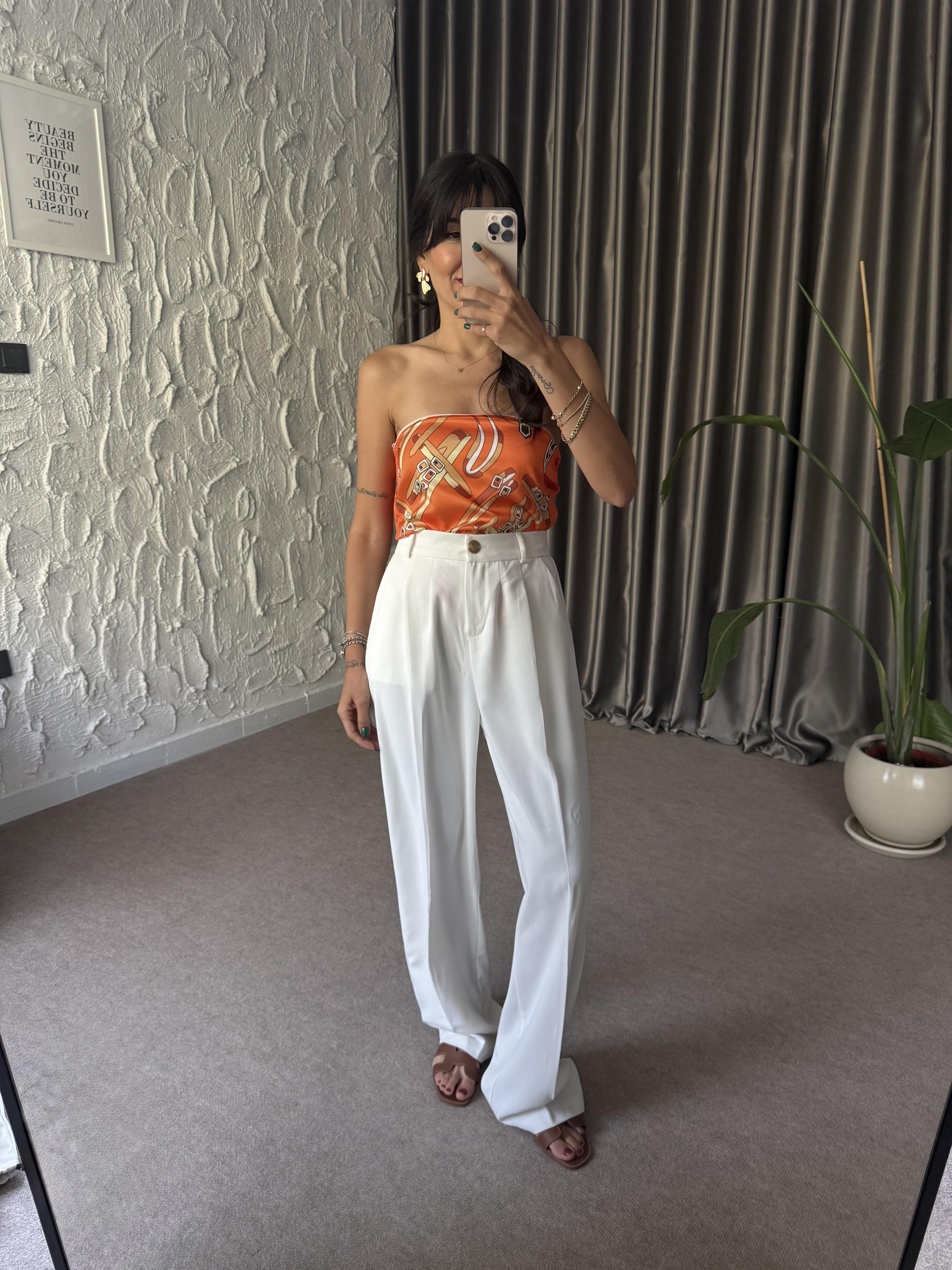 Beyaz Pileli Palazzo Pantolon