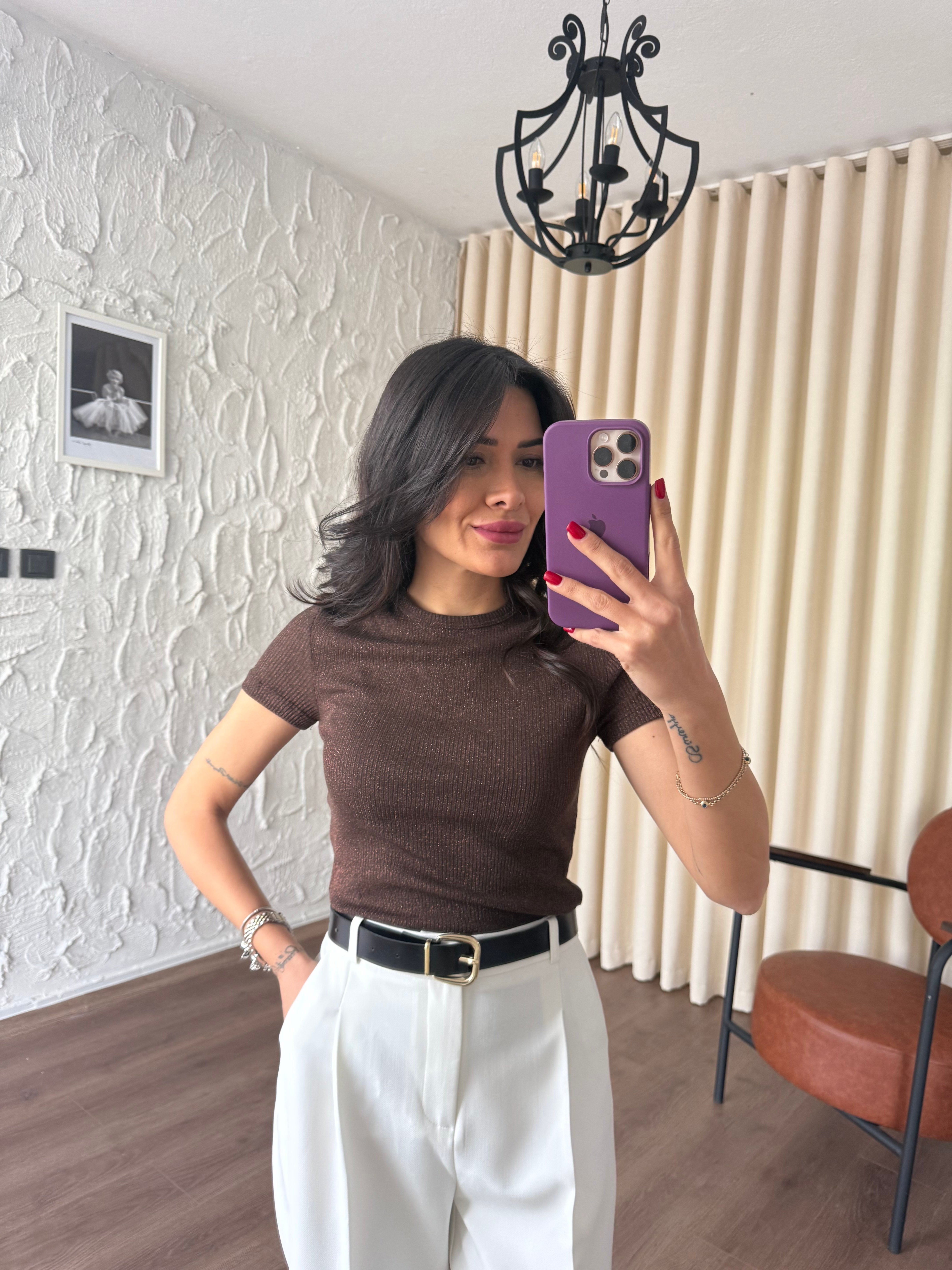 Bisiklet Yaka Simli Kahverengi Tshirt