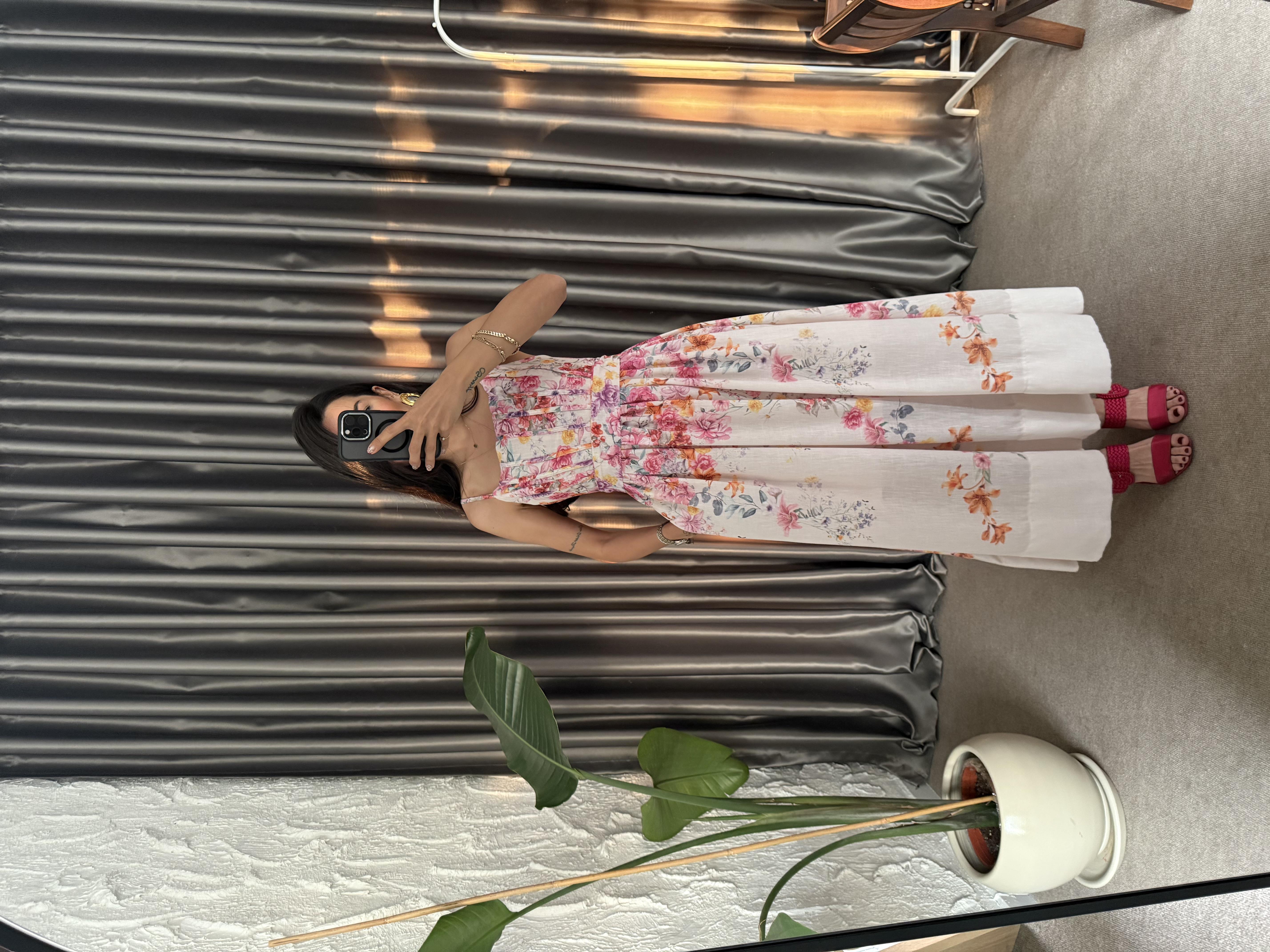 Biyeli Floral Desenli Keten Elbise