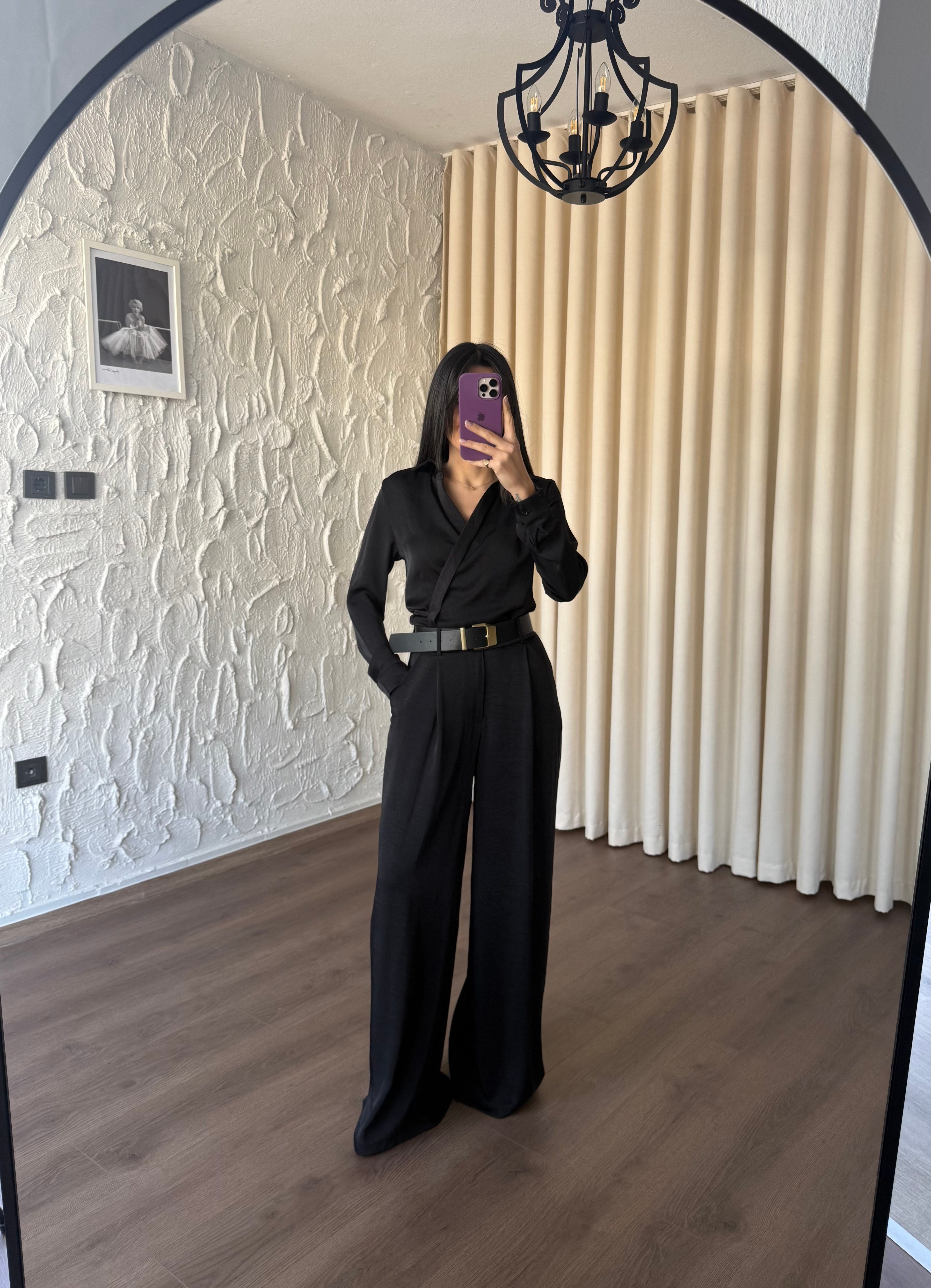 Bol Paça Siyah Saten Pantolon