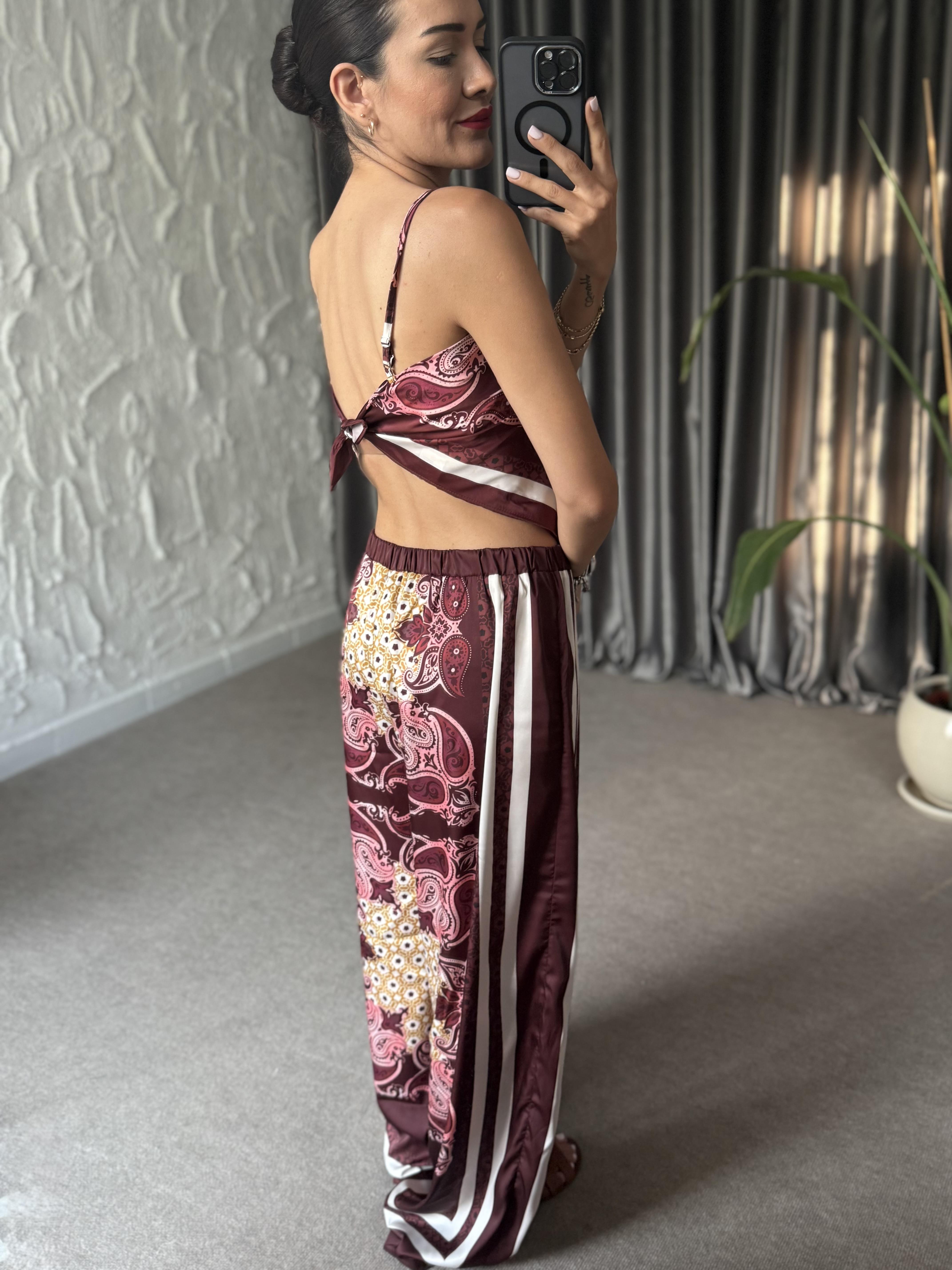Bordo Desenli Arkadan Bağlamalı Bluz Pantolon · 5