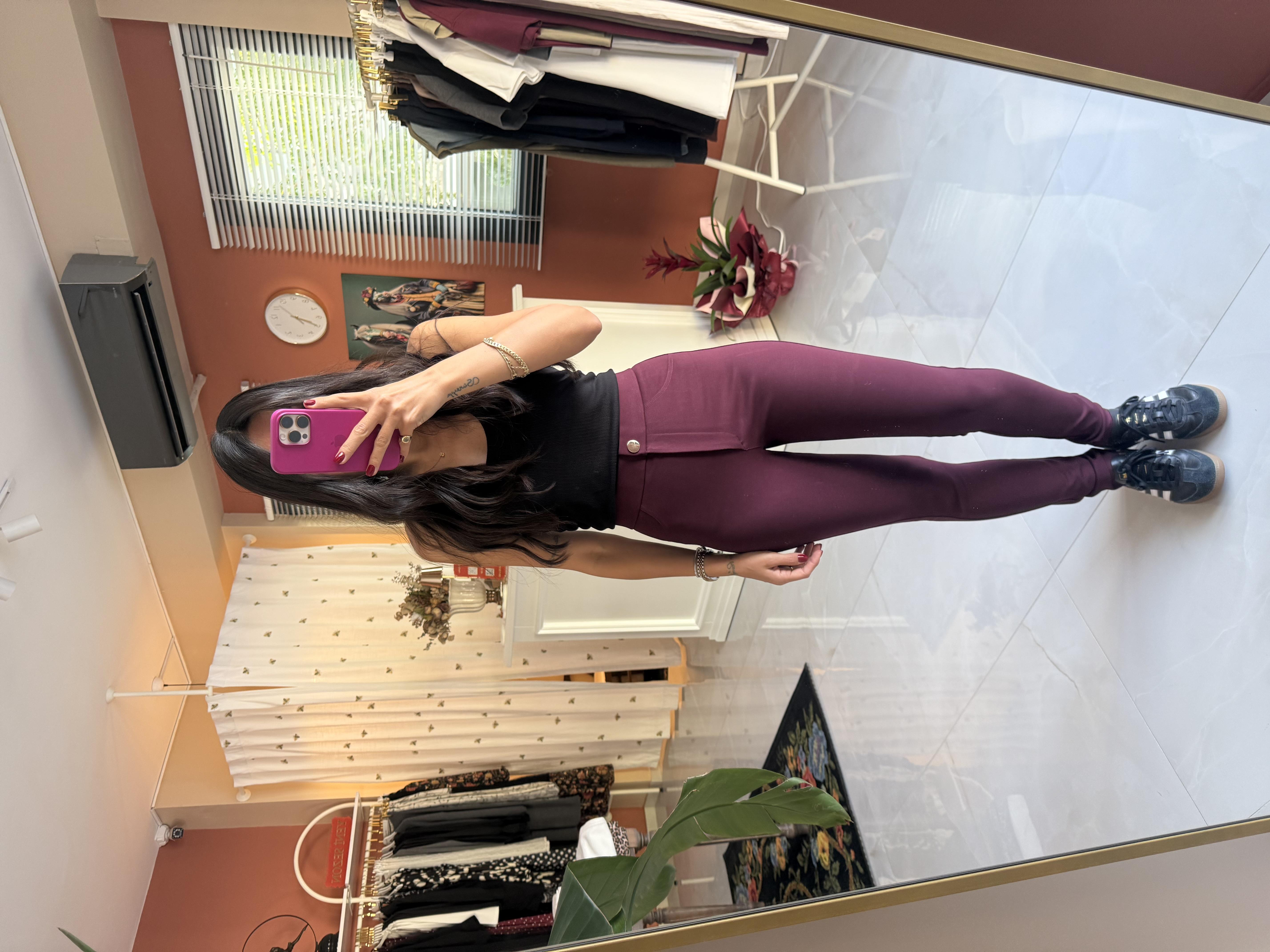 Bordo Gold Düğmeli Tayt Pantolon