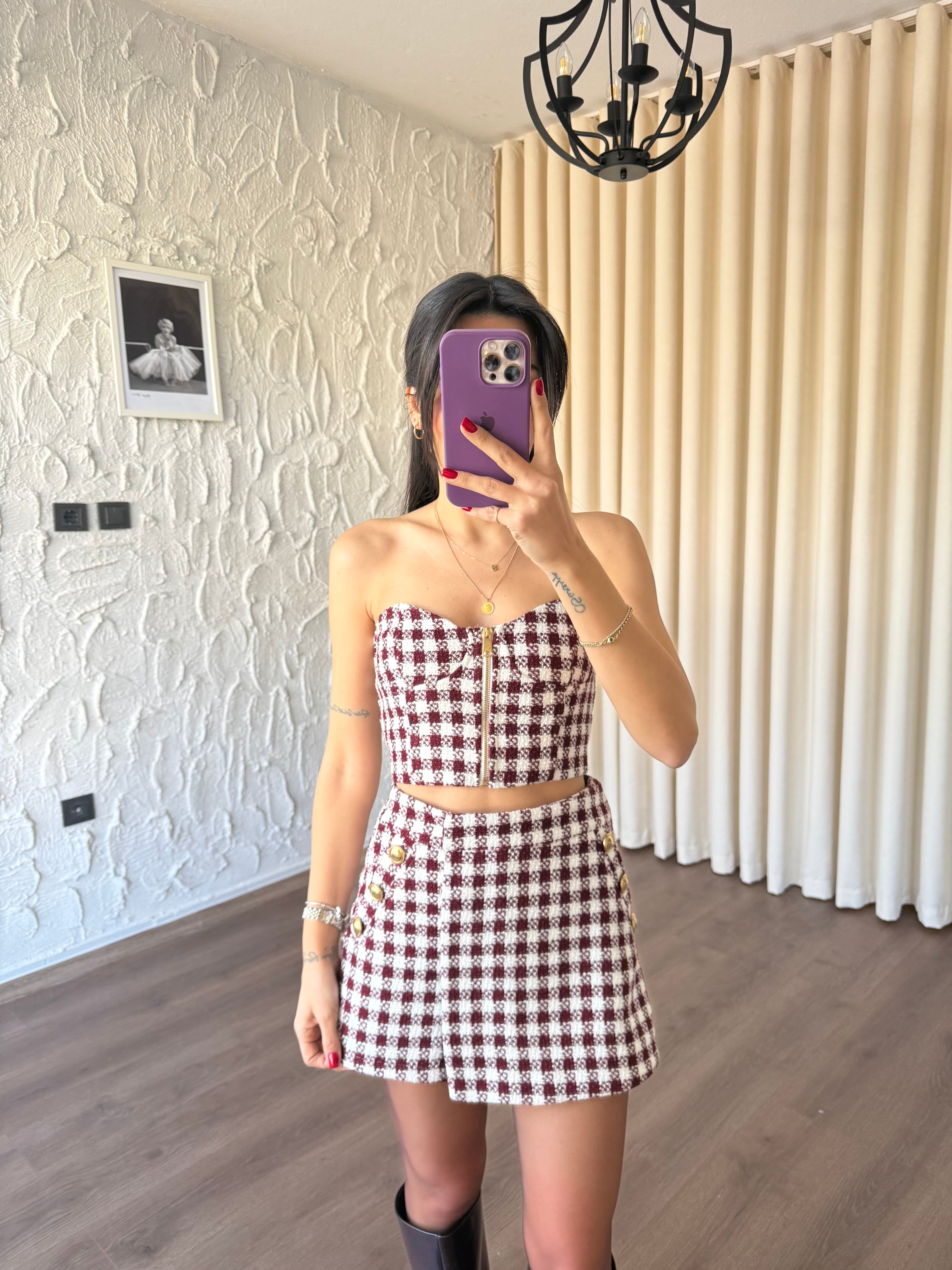 Bordo Pötikareli Fermuarlı Tüvit Bluz