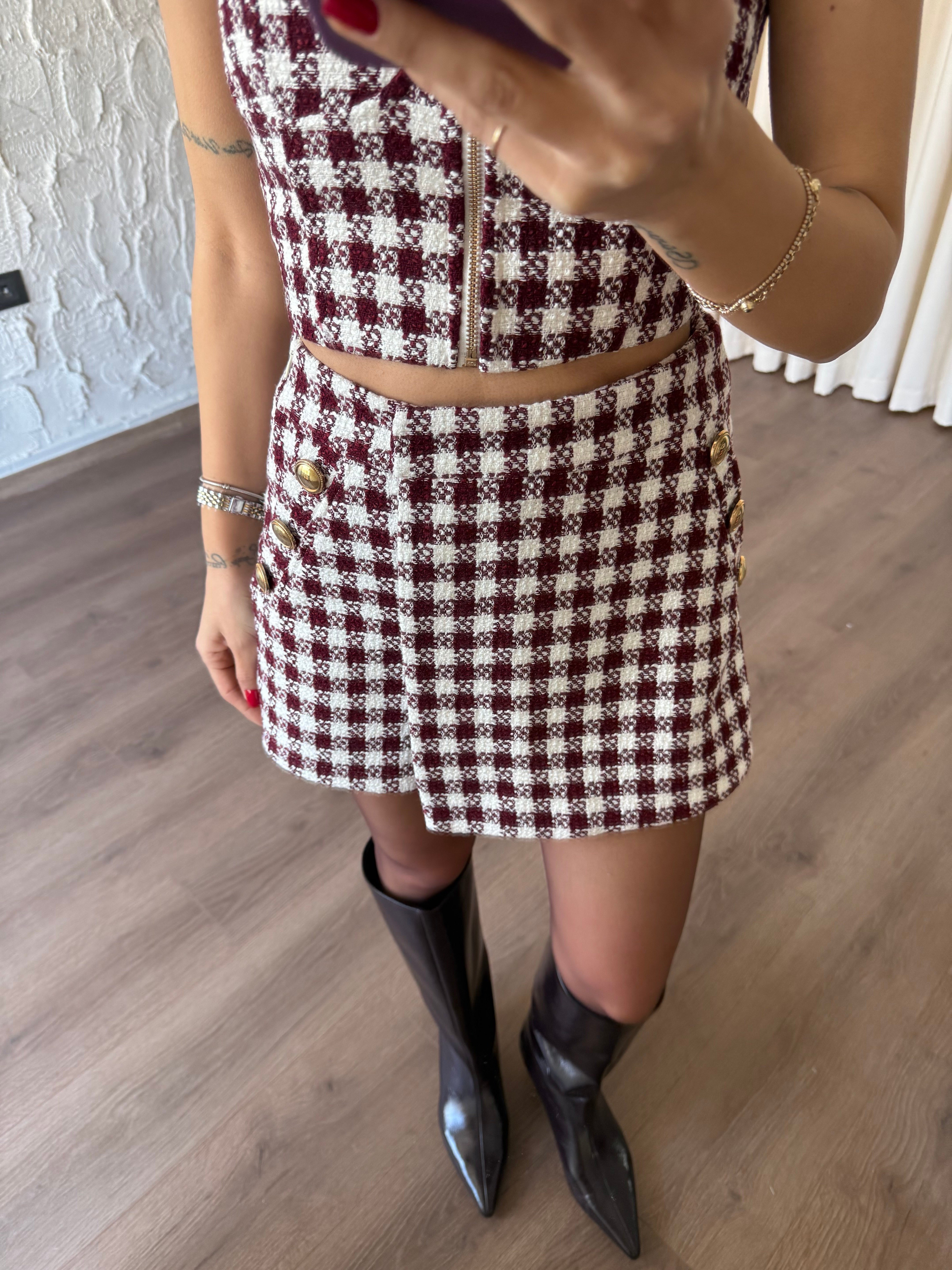 Bordo Pötikareli Tüvit Şort Etek