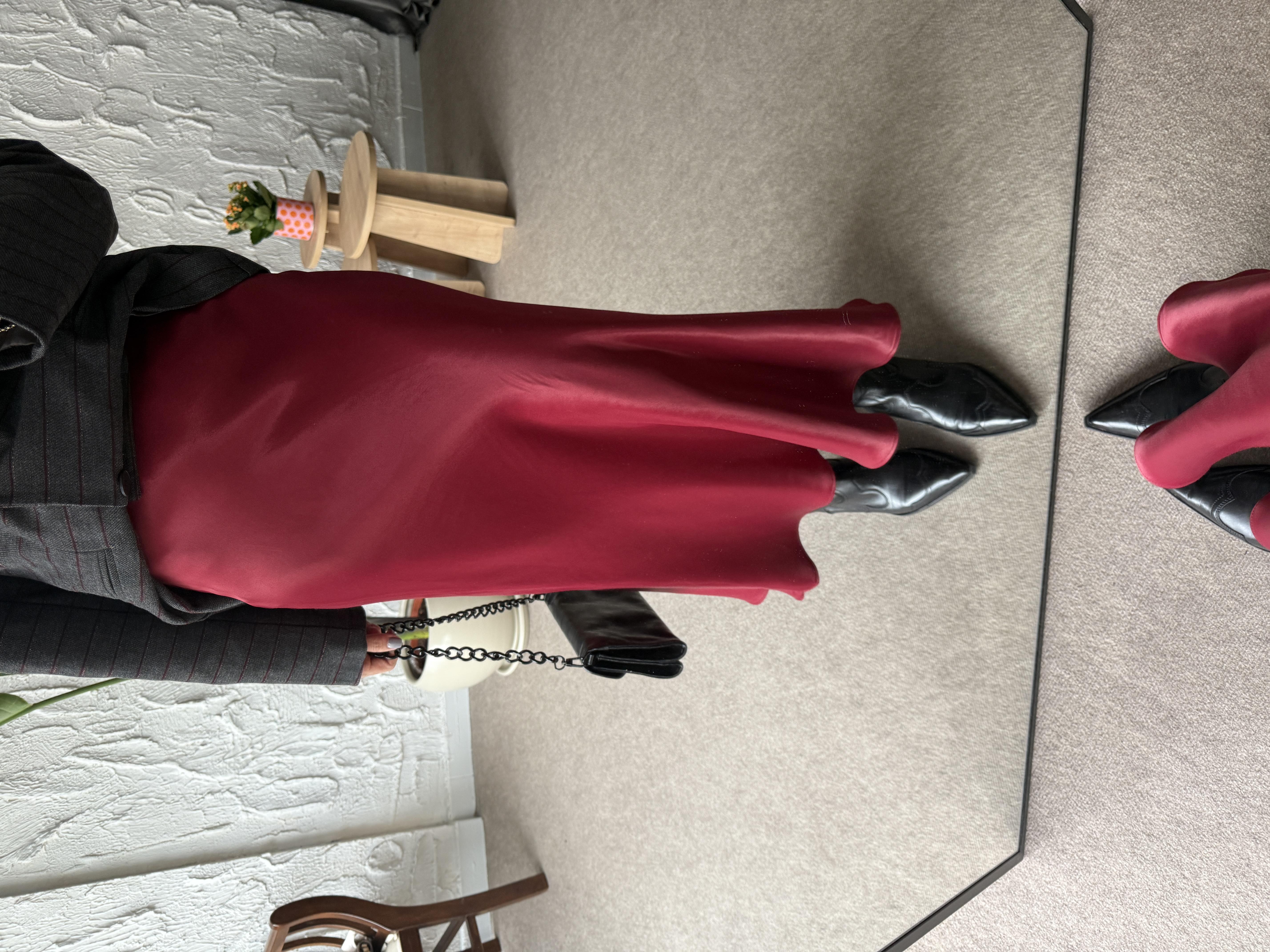 Bordo Saten Midi Etek