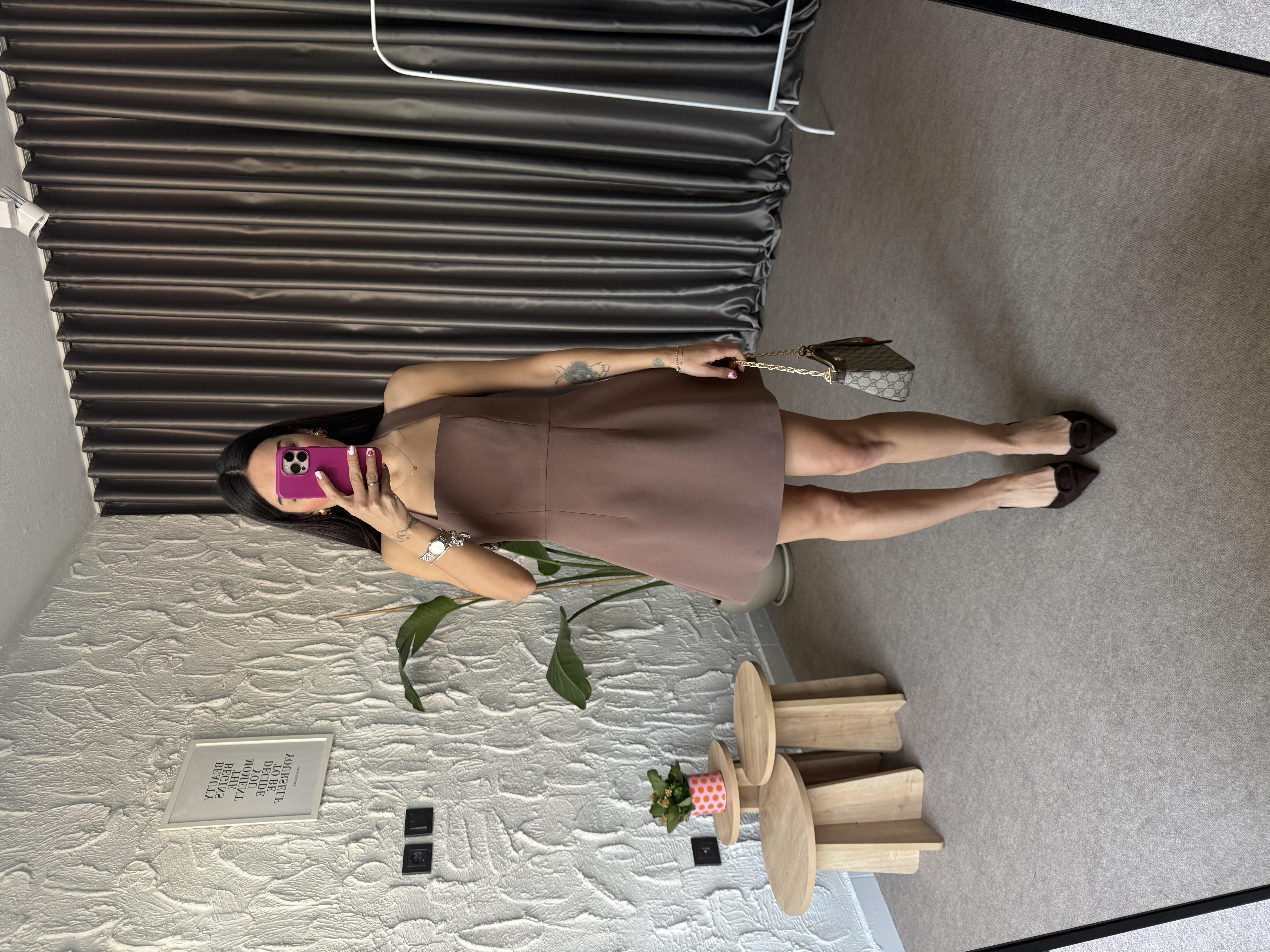 Boyundan Askılıı Mini Elbise - Mocha