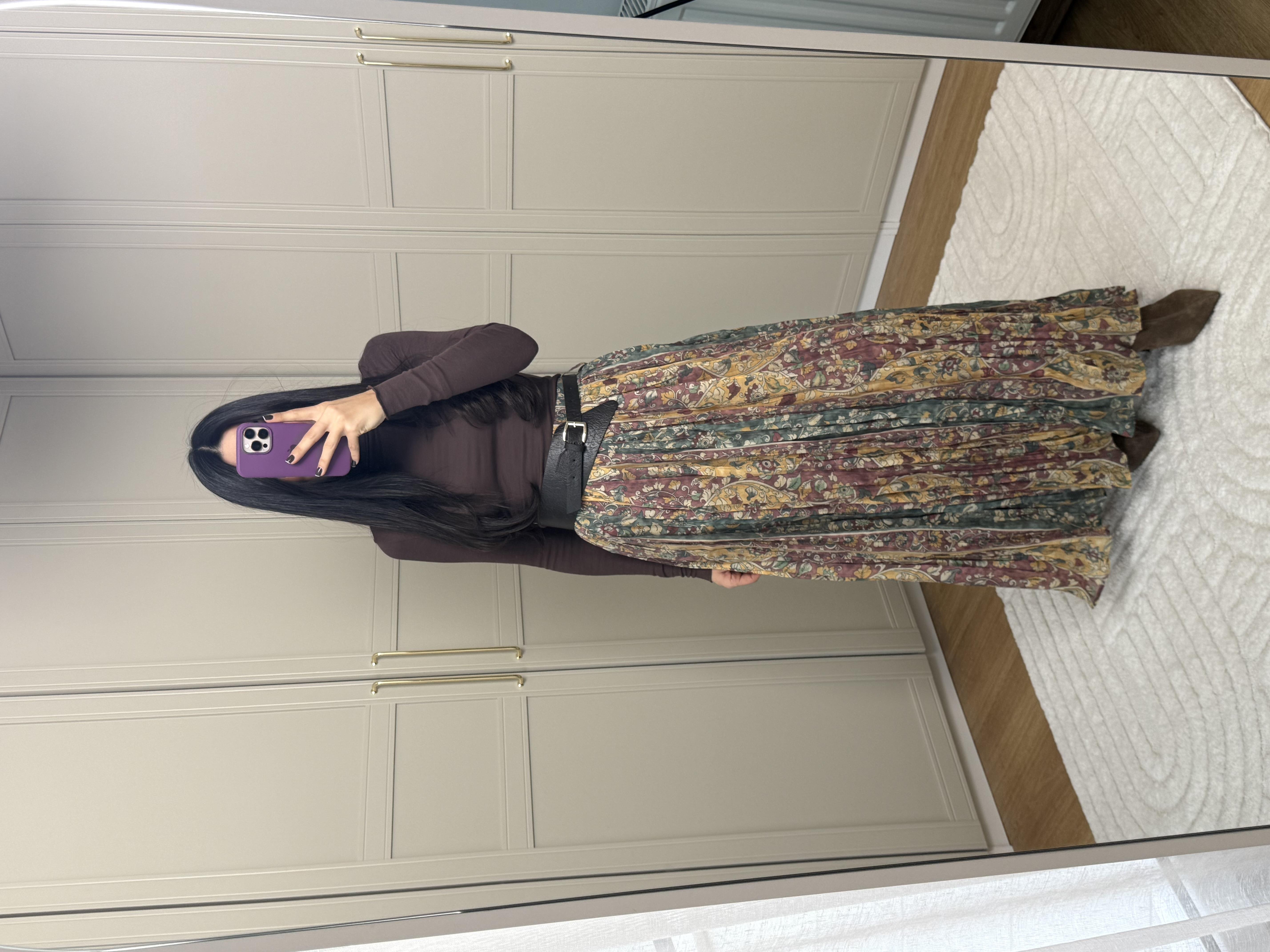 Çiçek Baskılı Kemerli Etek