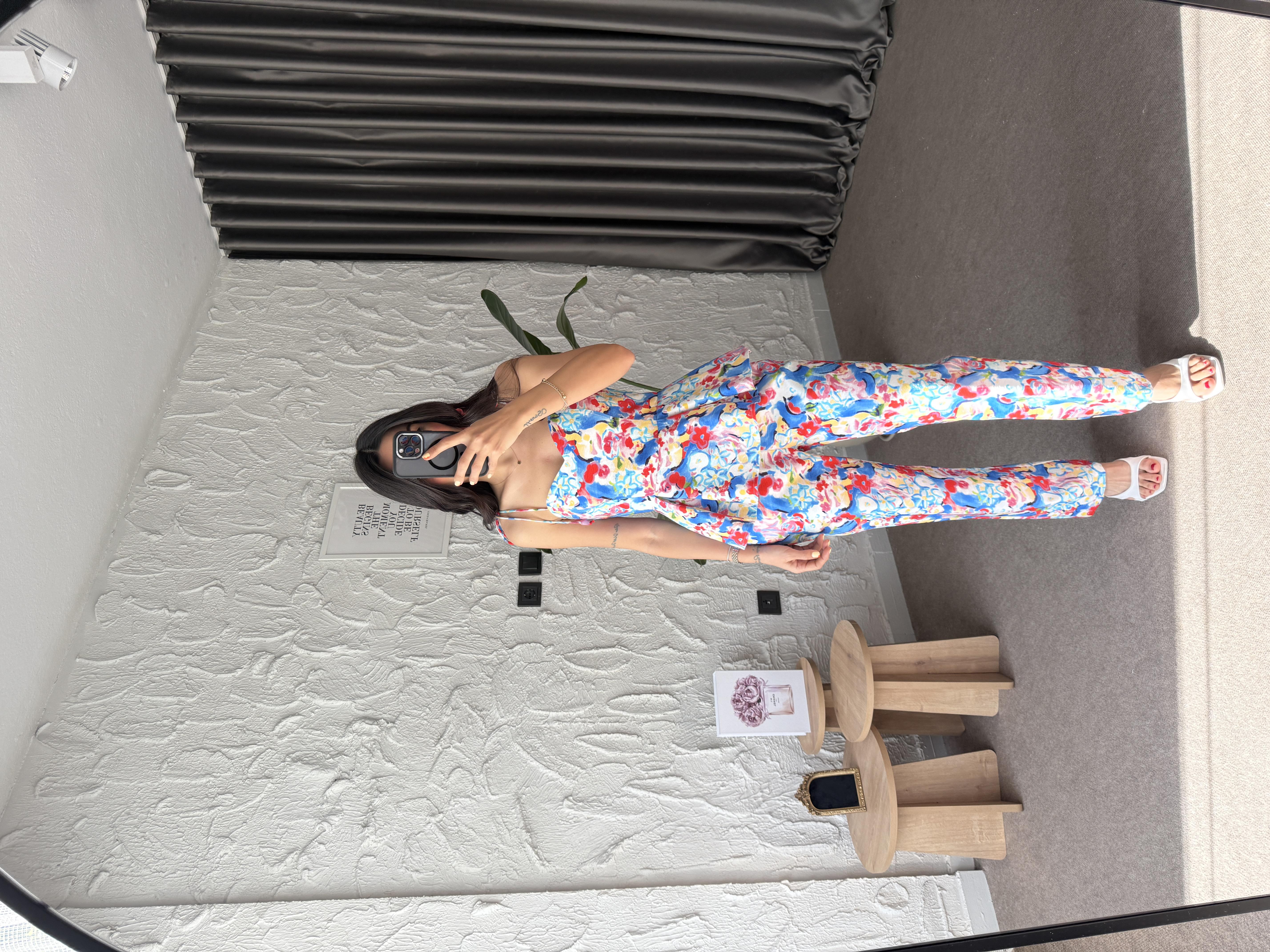 Çiçek Desenli Yüksek Bel Pantolon