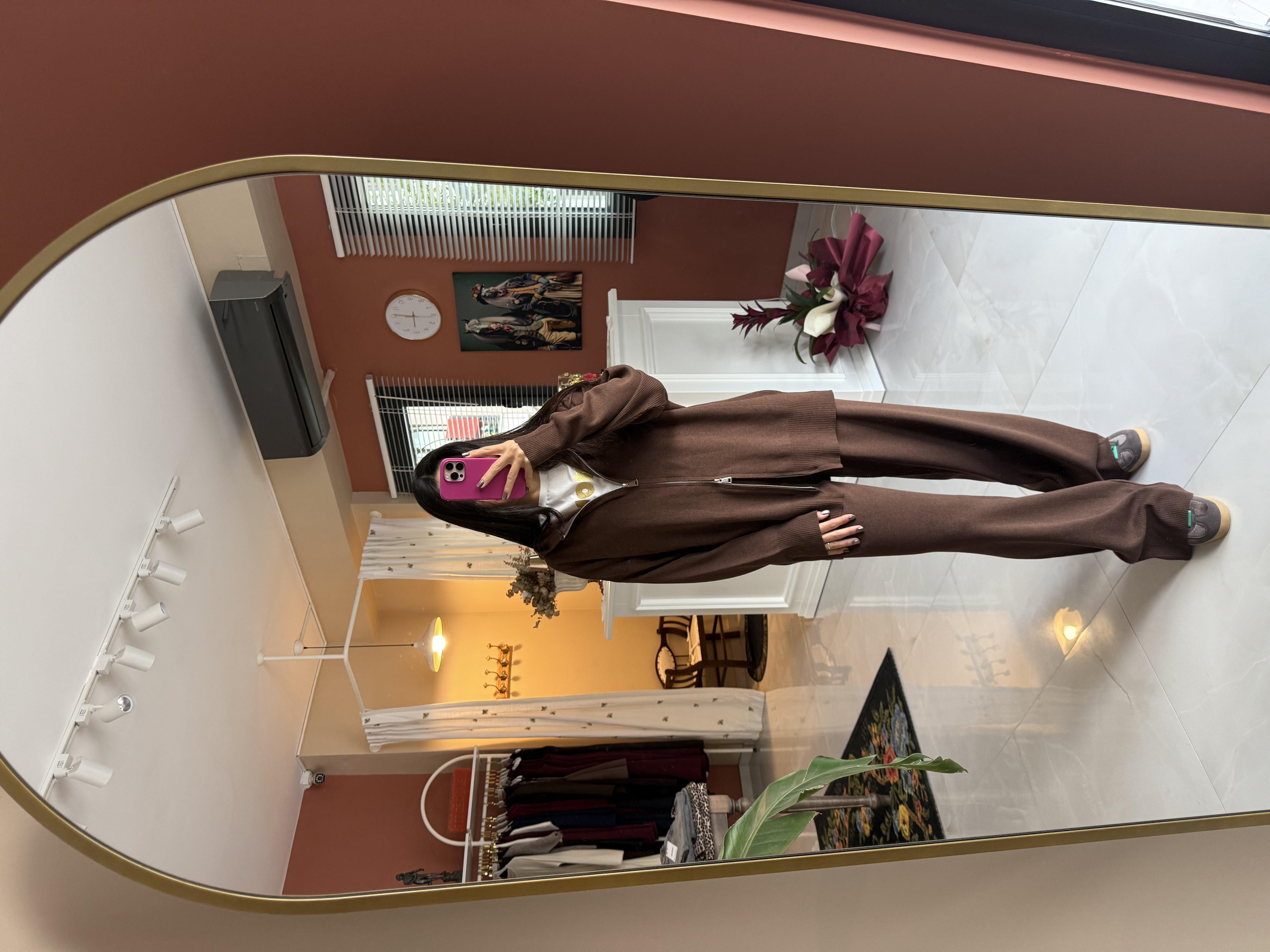 Çift Fermuarlı Kahverengi Triko Takım