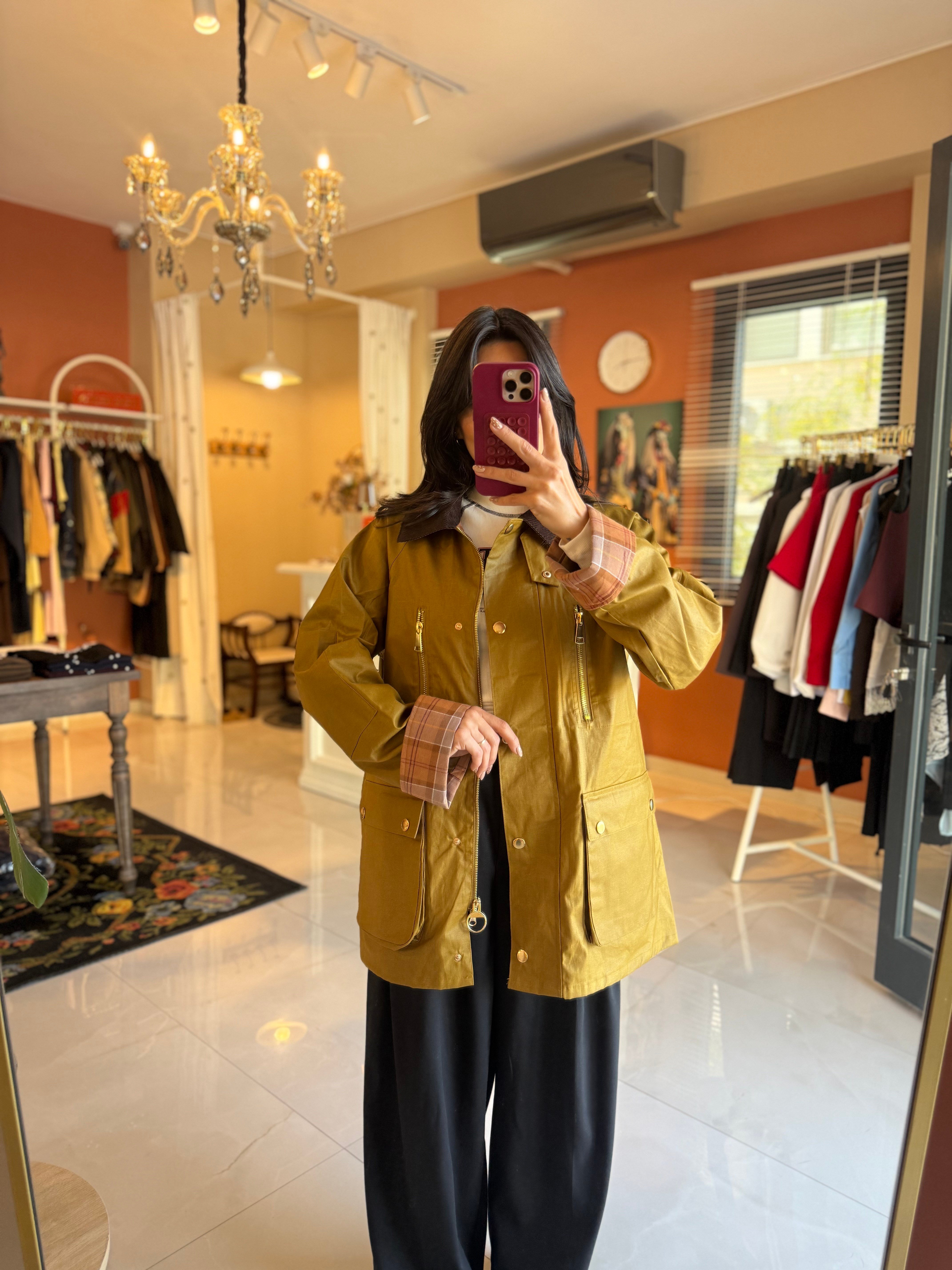 Çift Fermuarlı Mum Dokulu Yağ Yeşili Ceket