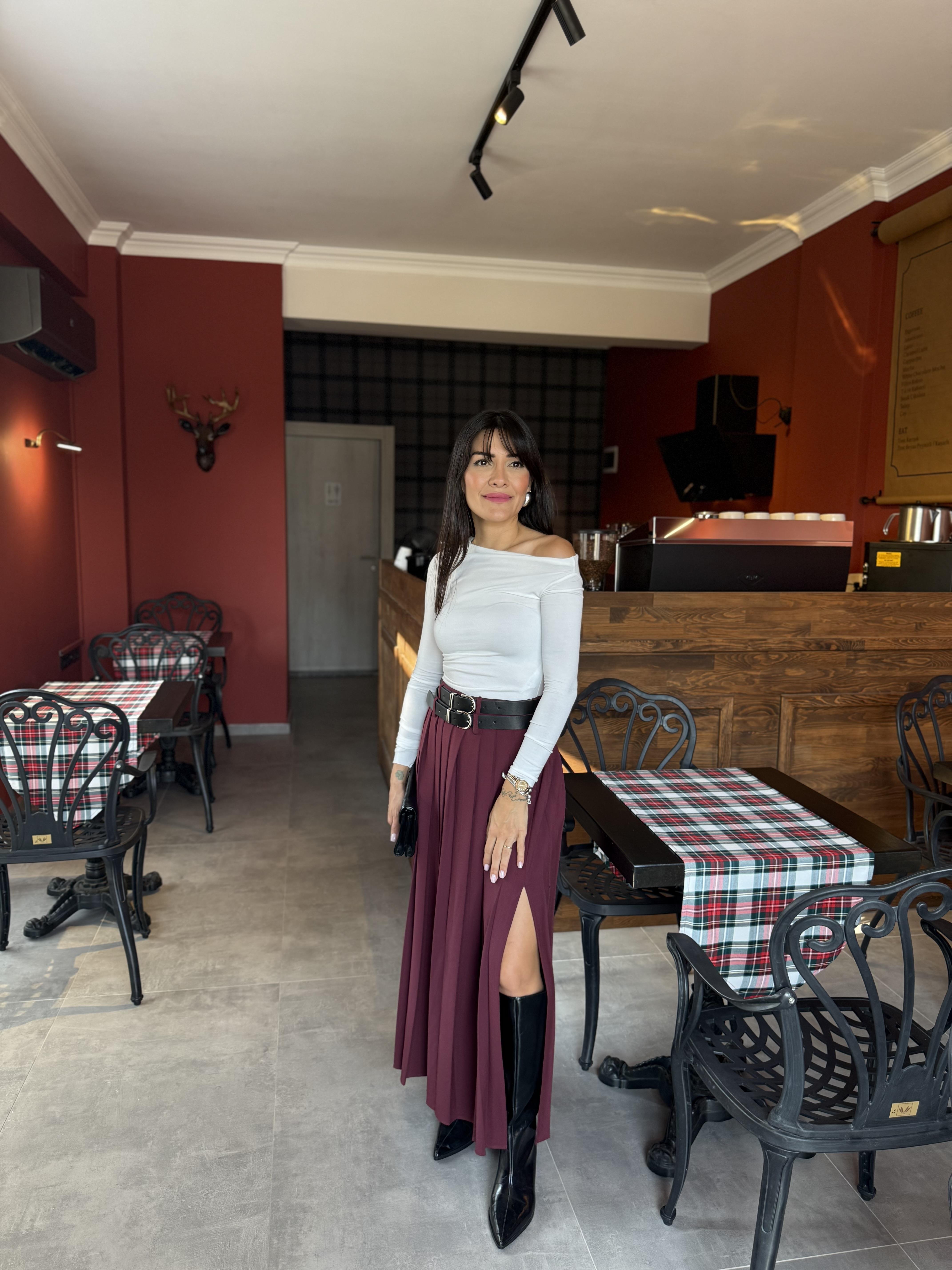 Çift Kemer Midi Boy Piliseli Etek - Bordo