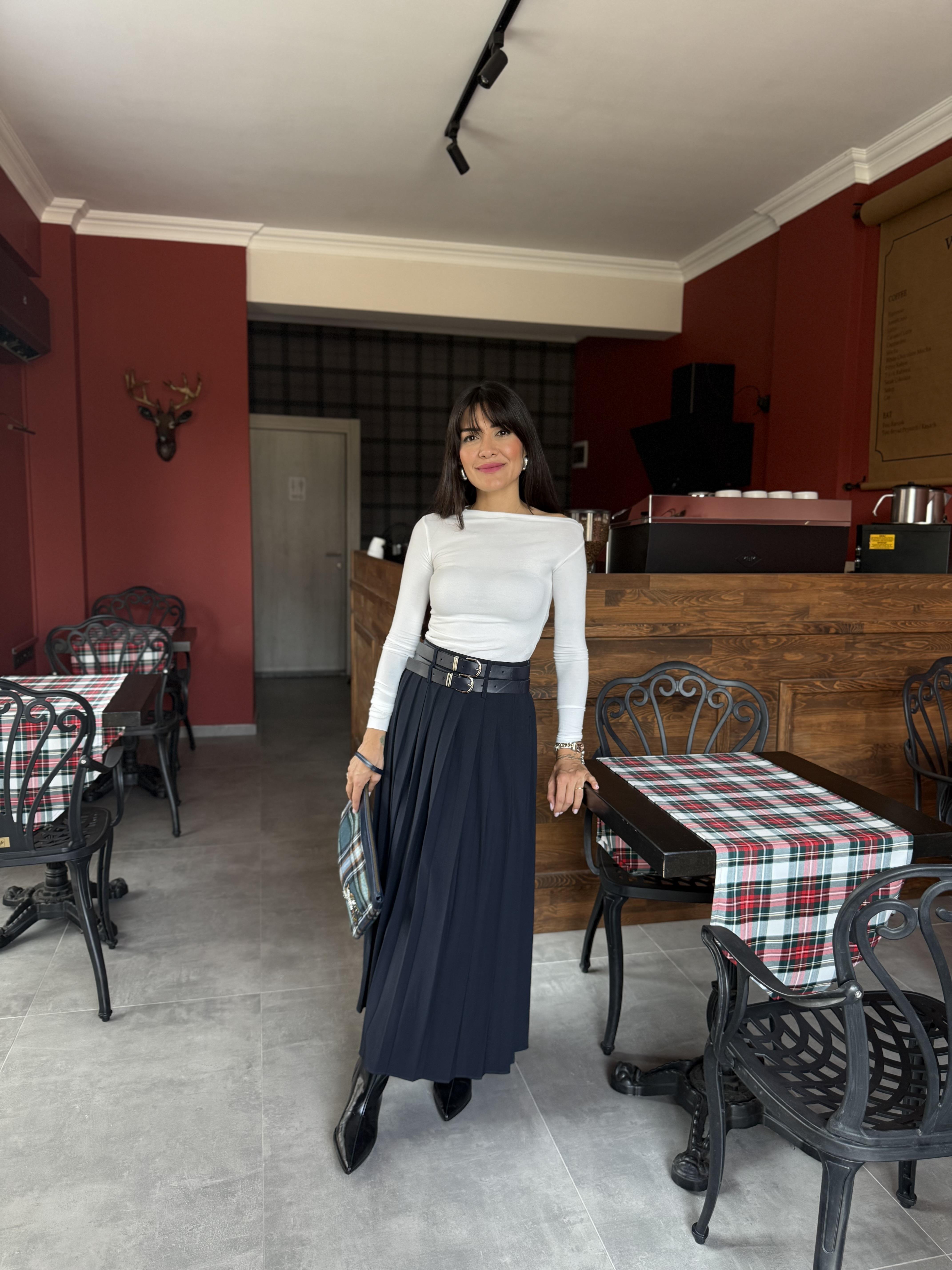 Çift Kemer Midi Boy Piliseli Etek - Lacivert 