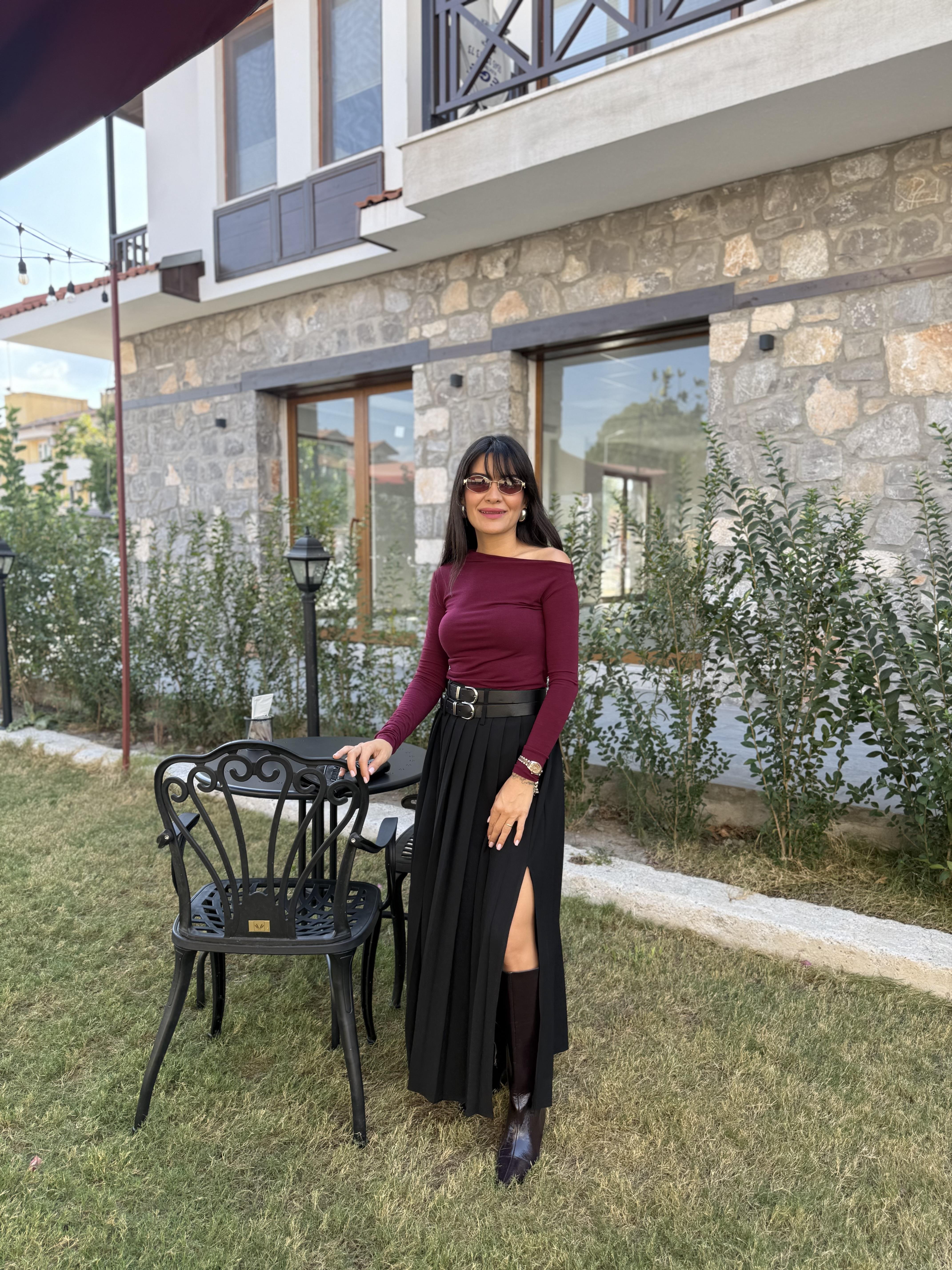 Çift Kemer Midi Boy Piliseli Etek - Siyah · 3