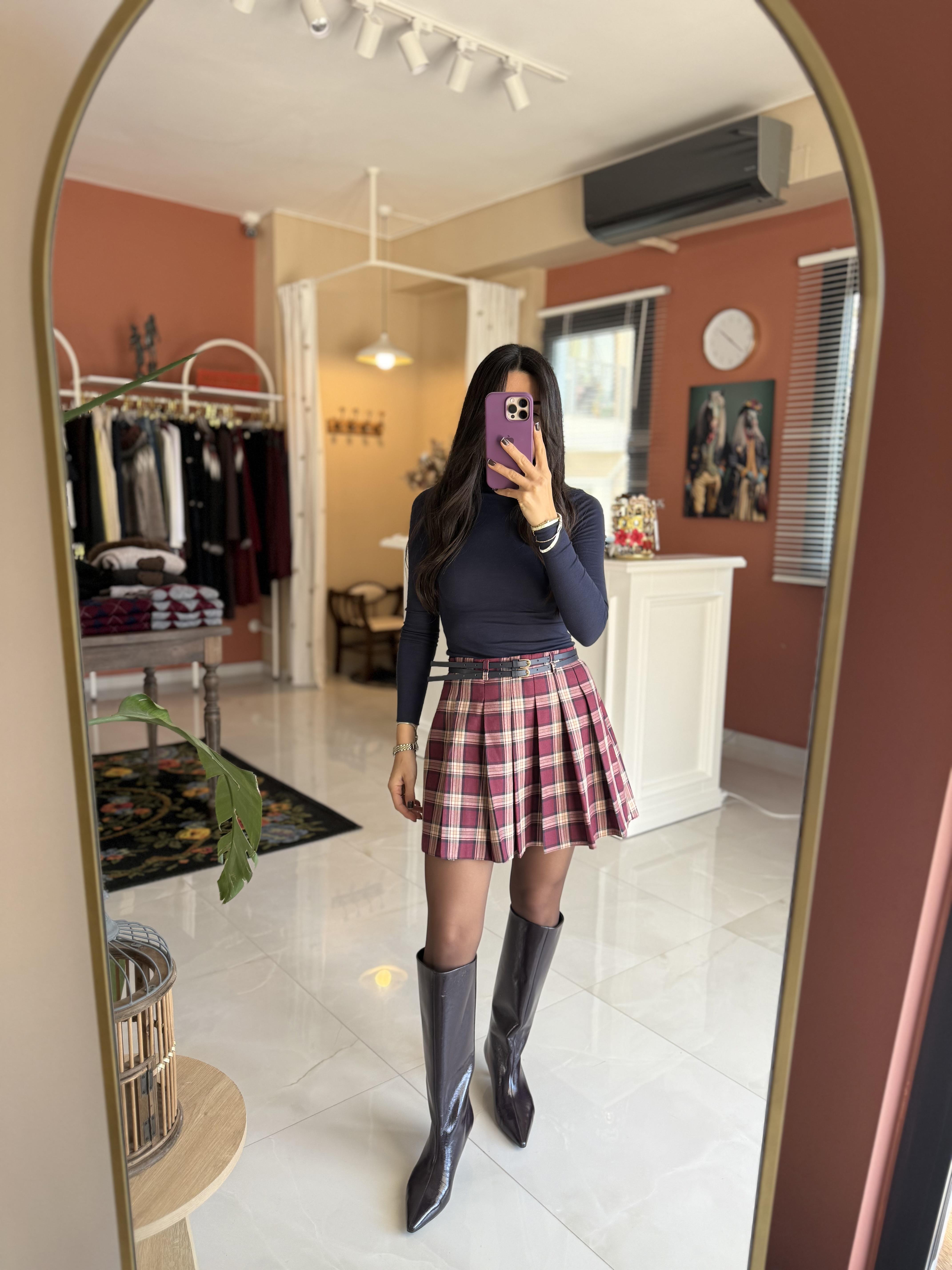 Çift Kemer Şort Astarlı Ekoseli Bordo Etek