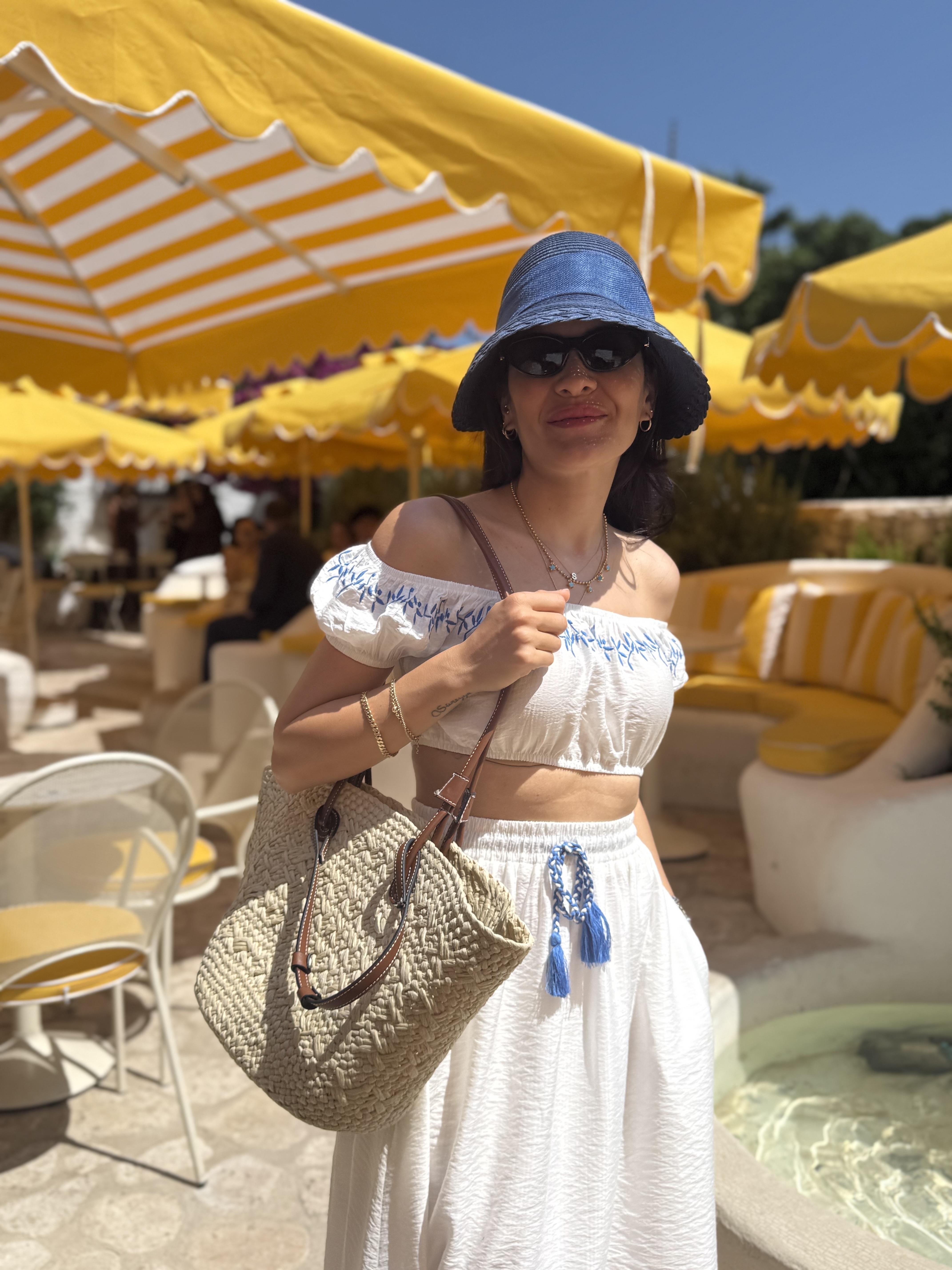 Deri Askılı Keseli Hasır Çanta - Bej