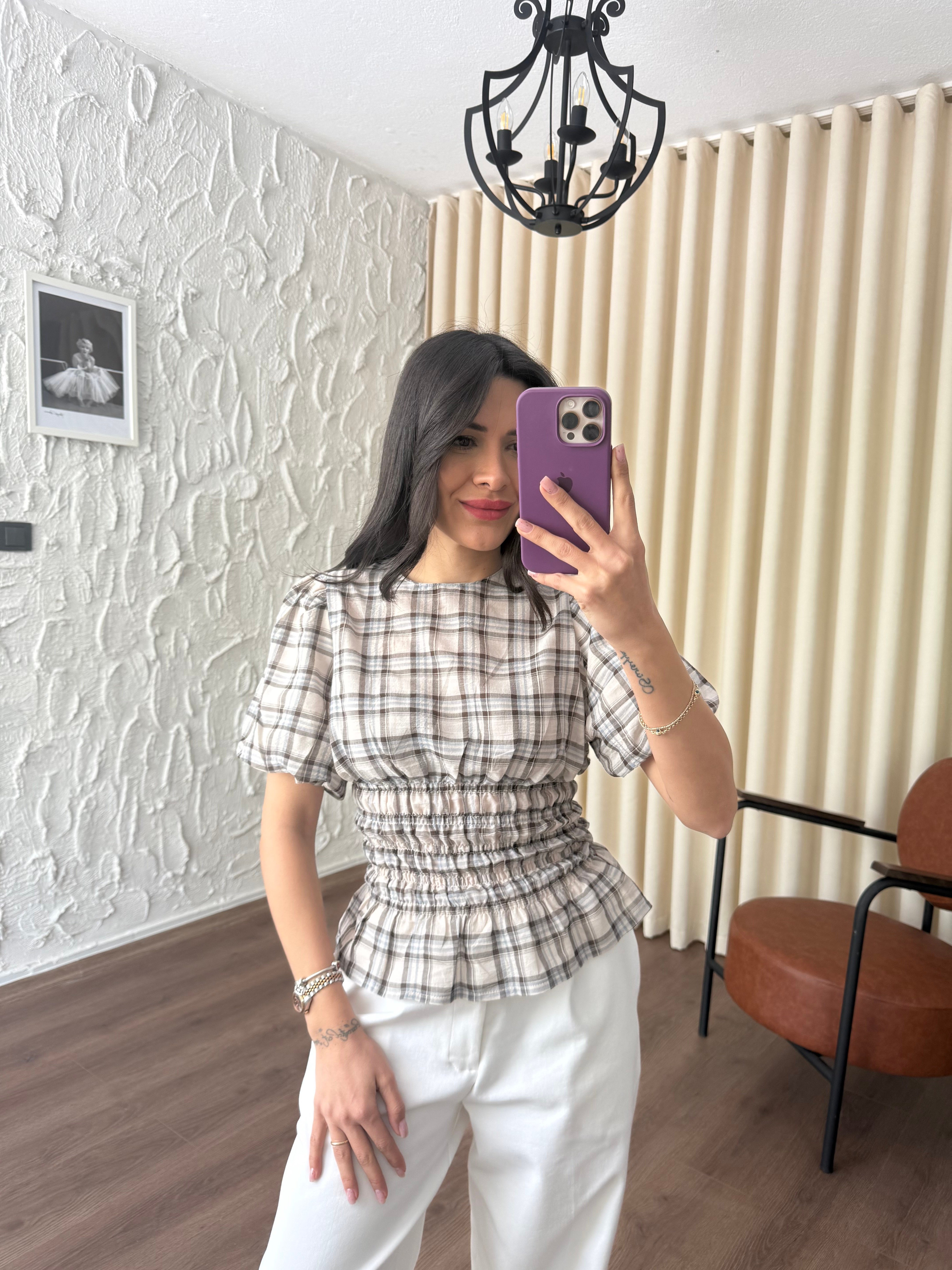 Ekose Desen Gipeli Bej Bluz