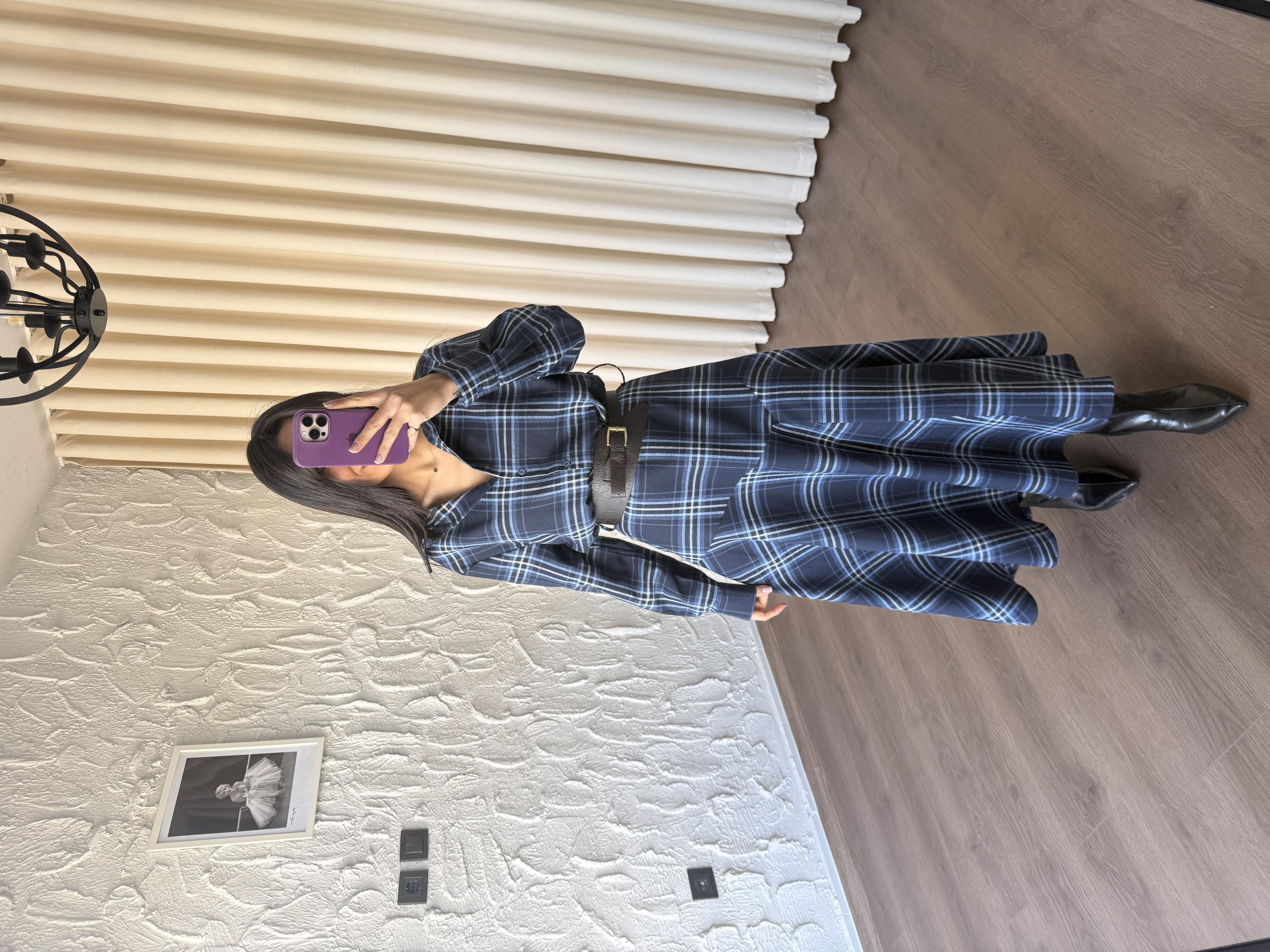 Ekoseli Kemerli Lacivert Gömlek Elbise