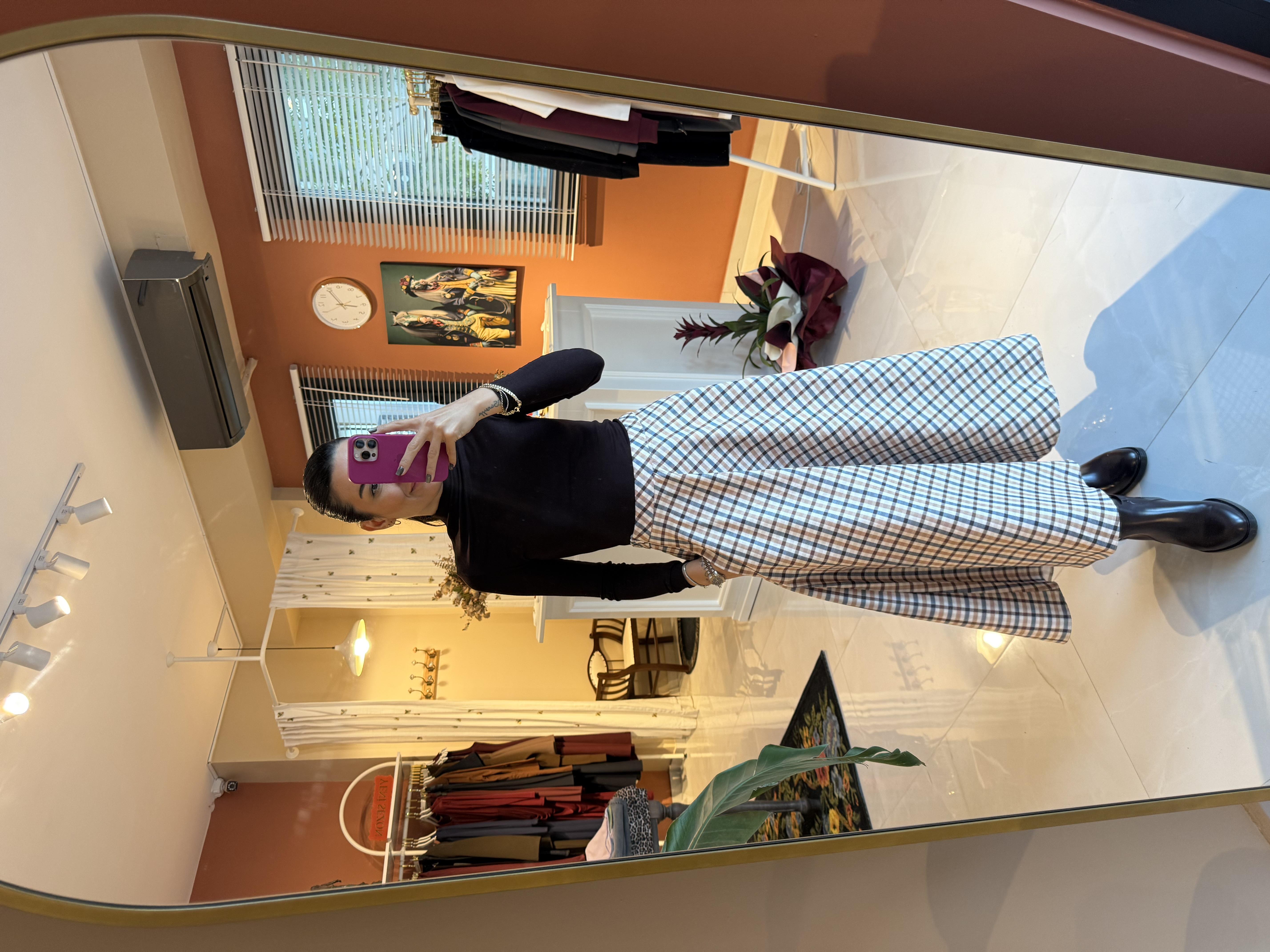 Ekoseli Süet Dokulu Bej Etek