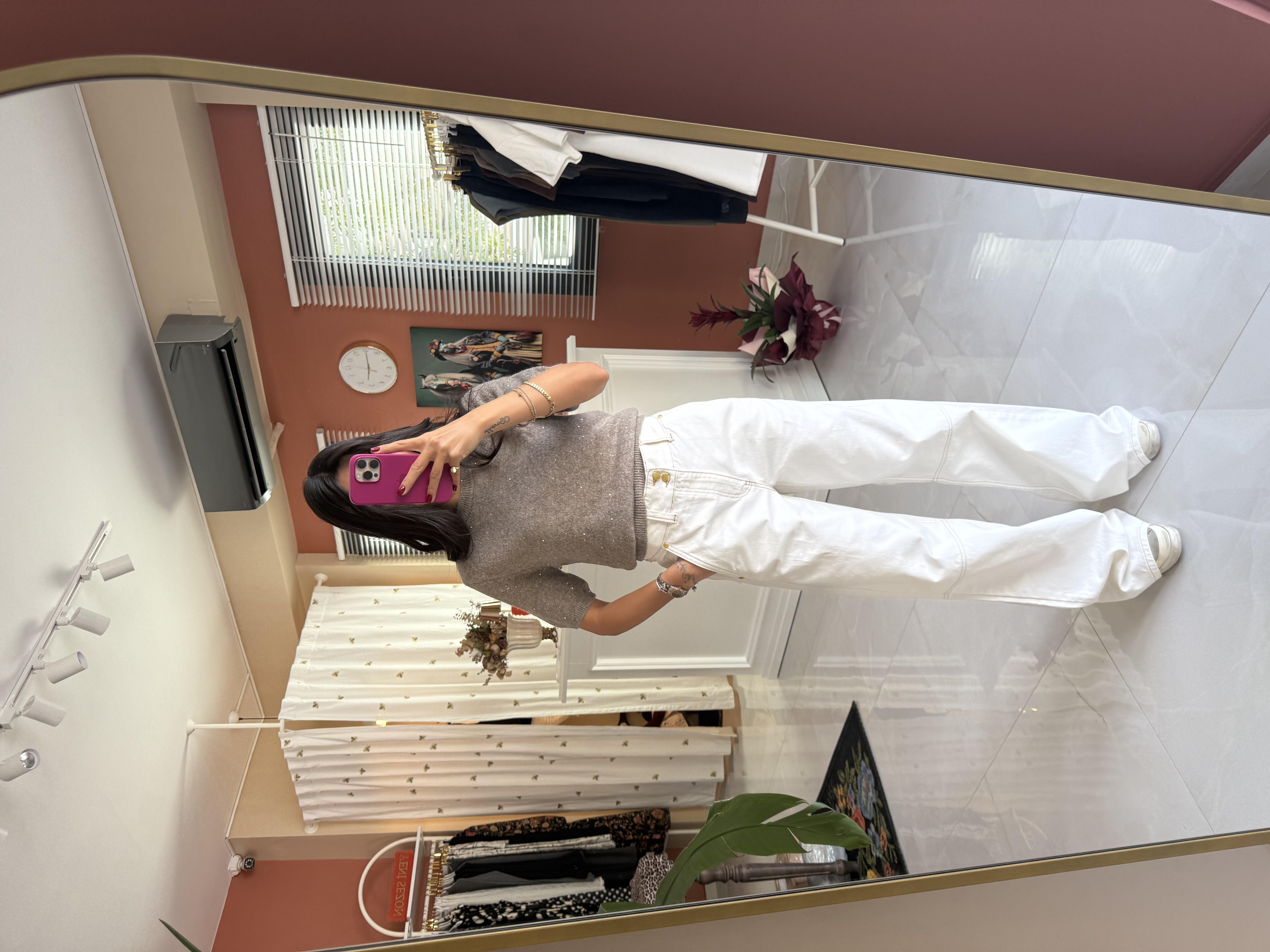 Ekru Dizden Dikiş Detaylı Yüksek Bel Kot Pantolon