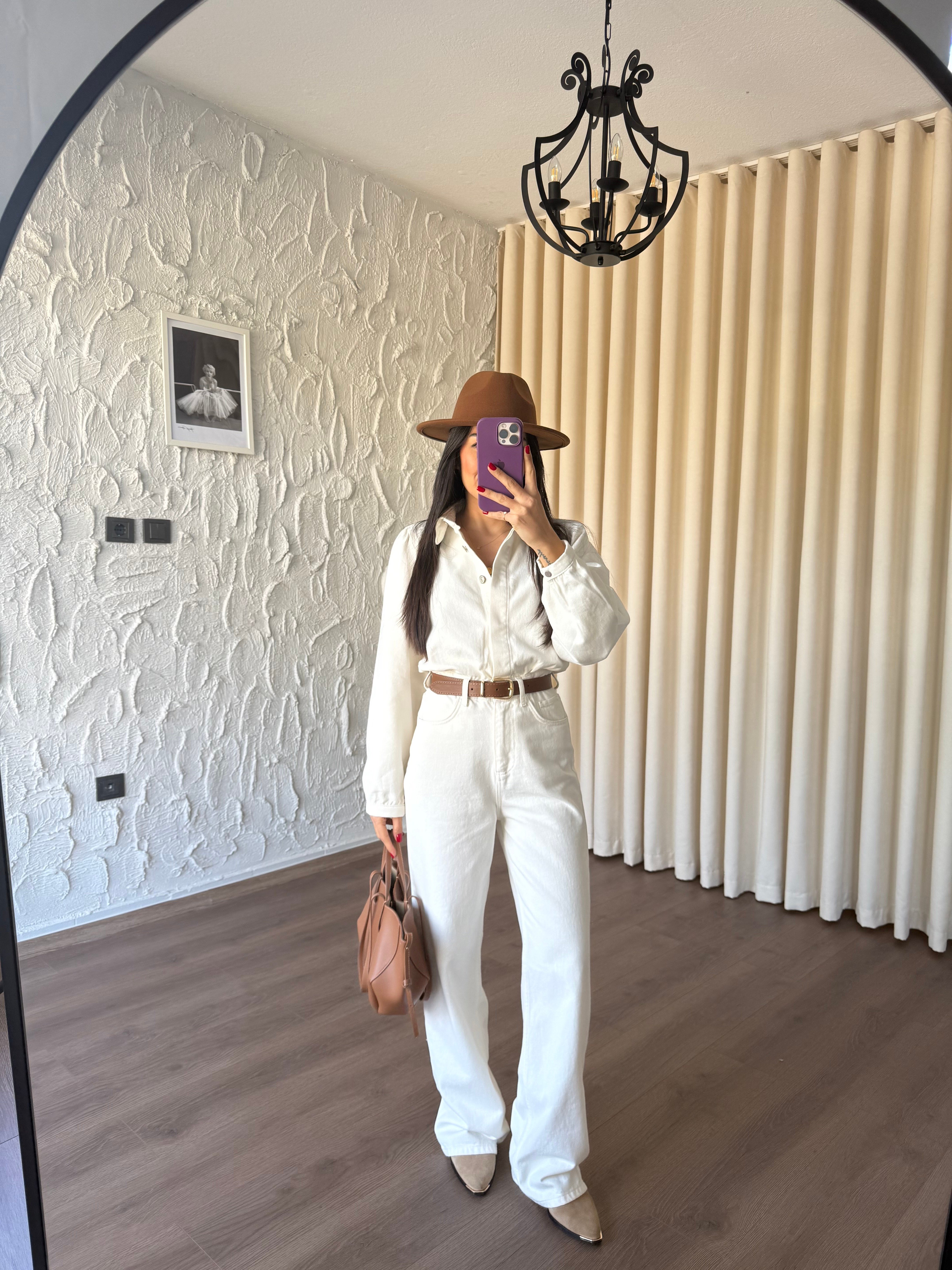 Ekru Kemerli Denim Tulum