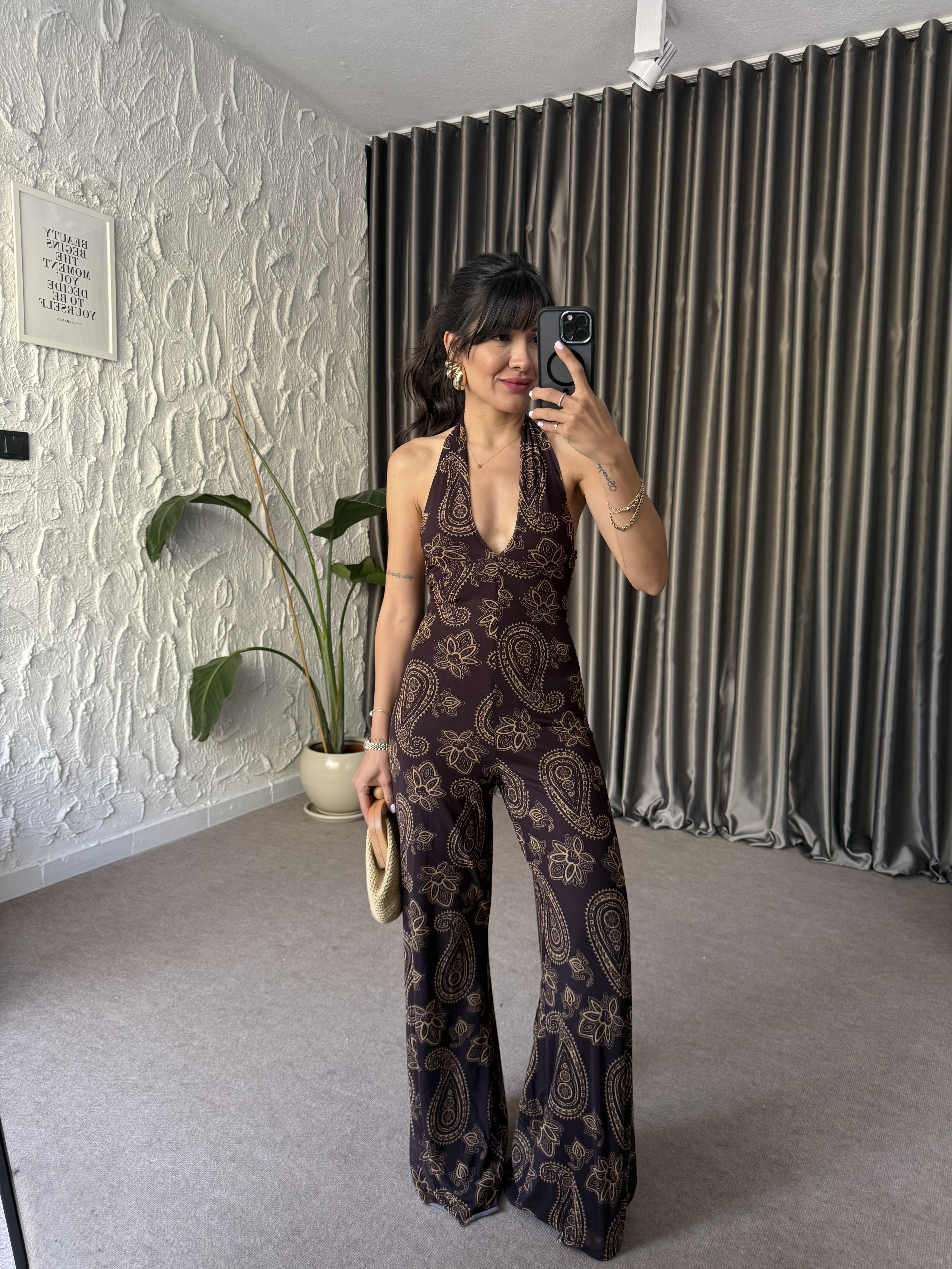 Etnik Desen Dekolteli Tül Tulum