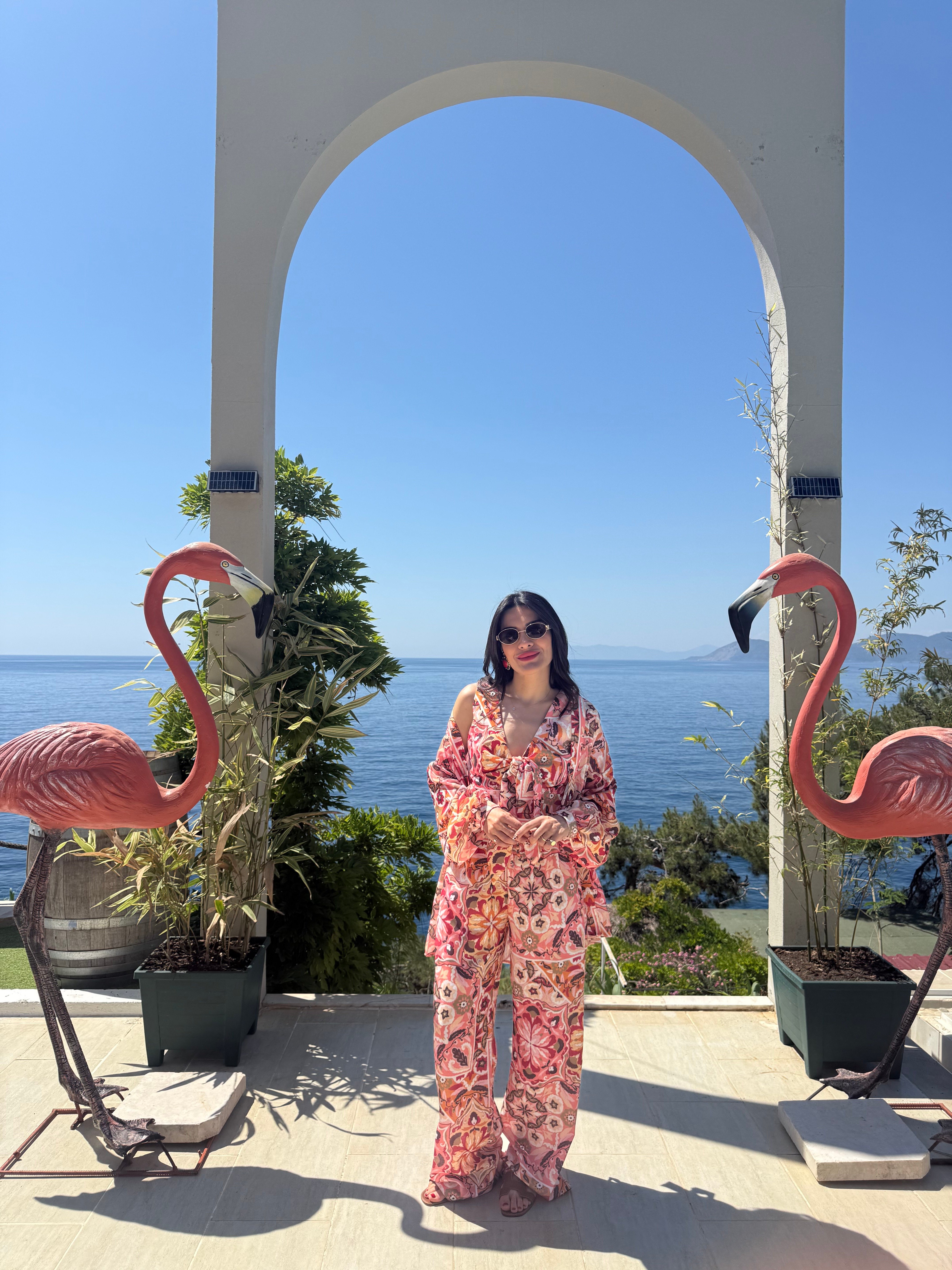 Etnik Desenli Gömlek Kol Pembe Kimono