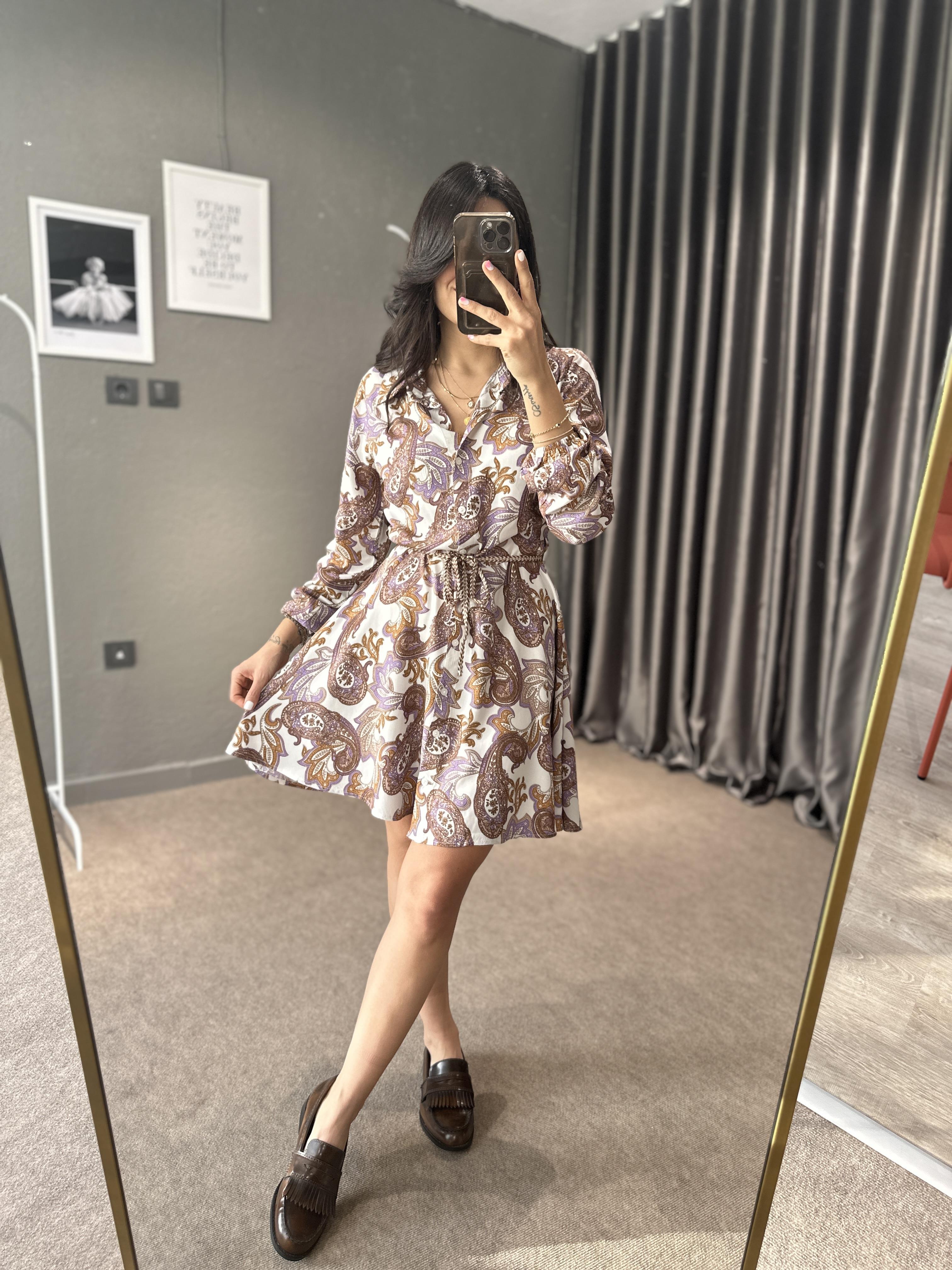 Etnik Desenli Kordon Kemerli Elbise