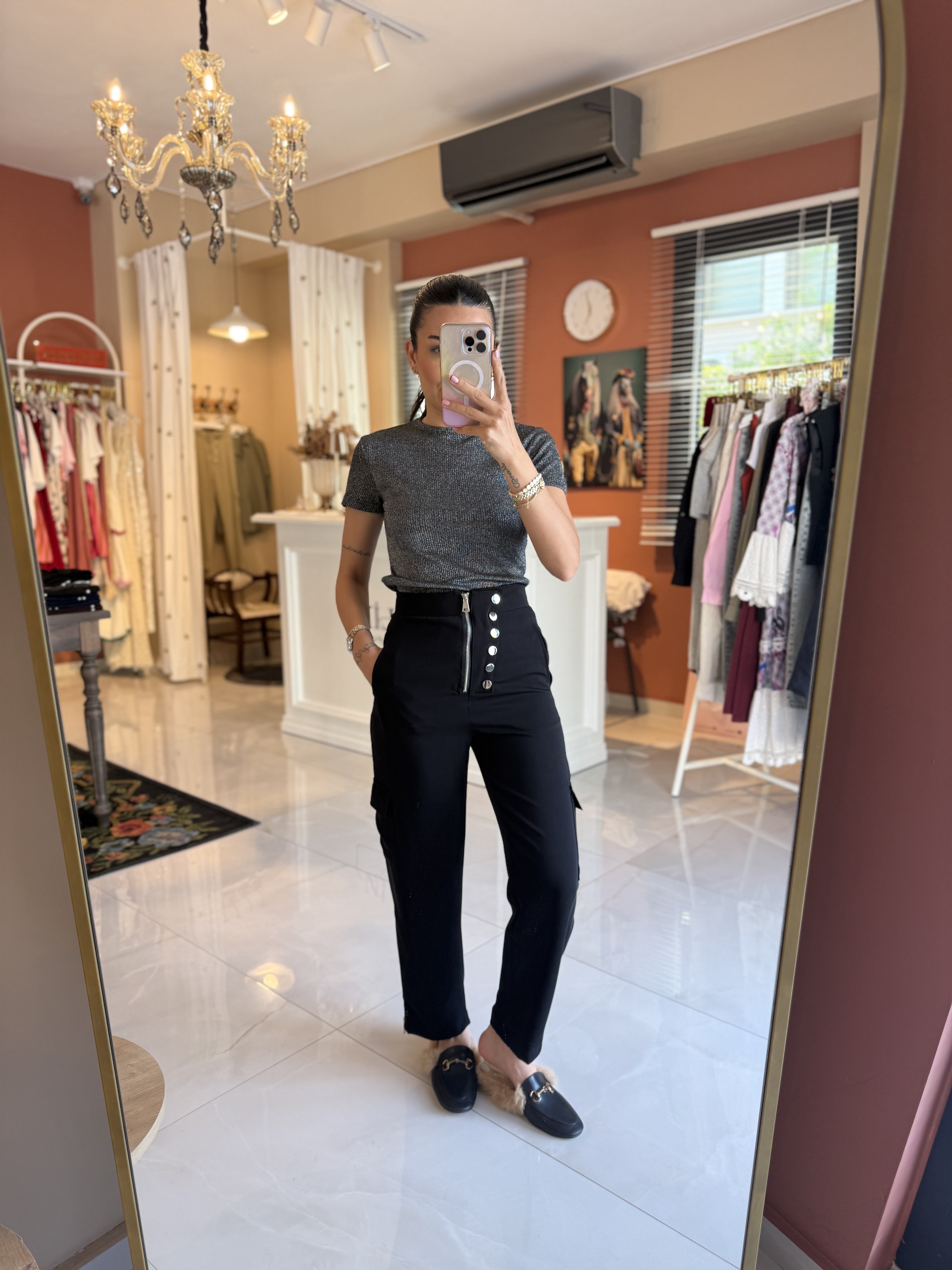 Fermuar ve Düğme Detaylı Yeşil Pantolon