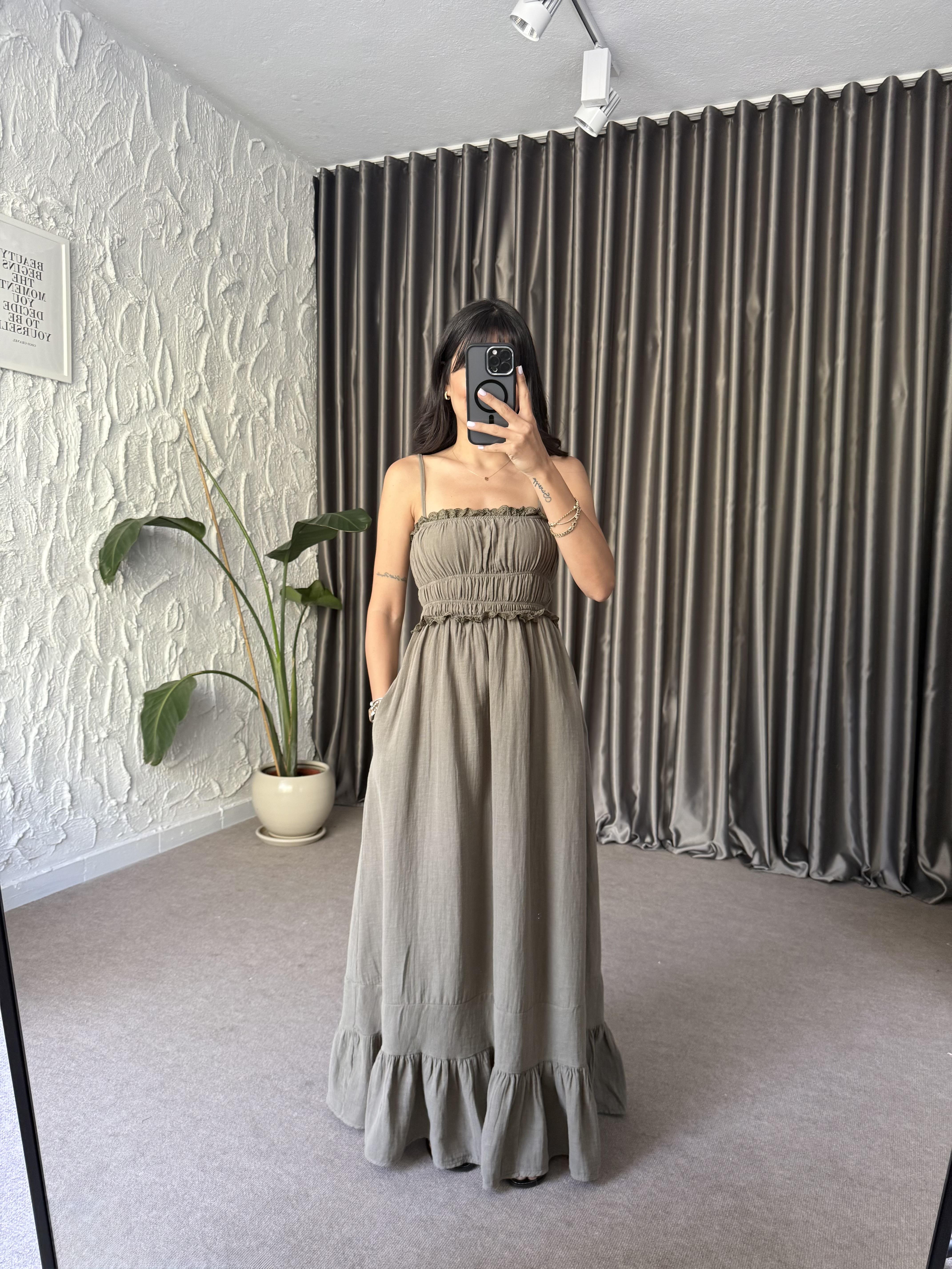 Fisto Detaylı Müslin Elbise - Haki