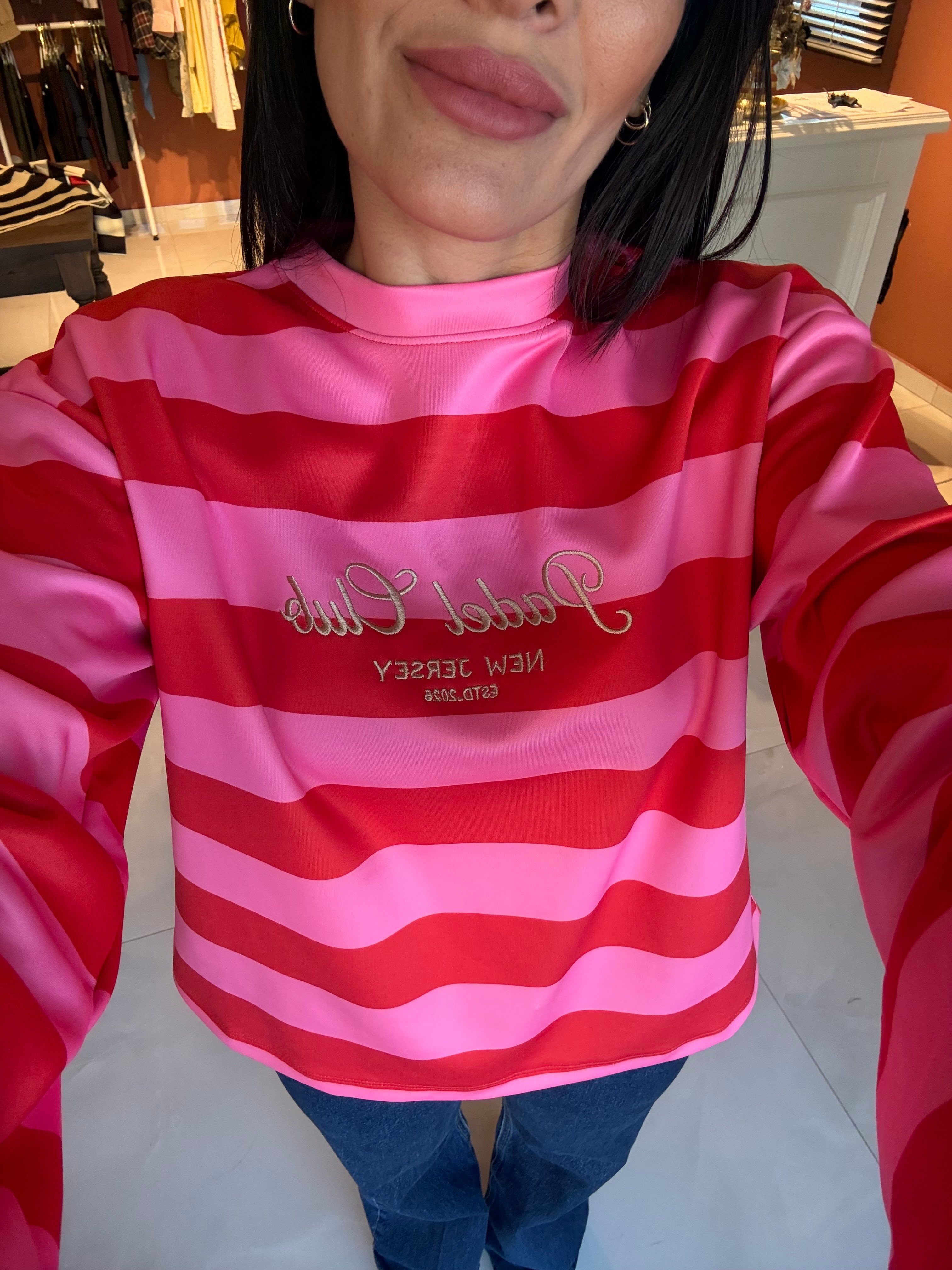 Fuşya Pembe Çizgili Nakış İşlemeli Sweat