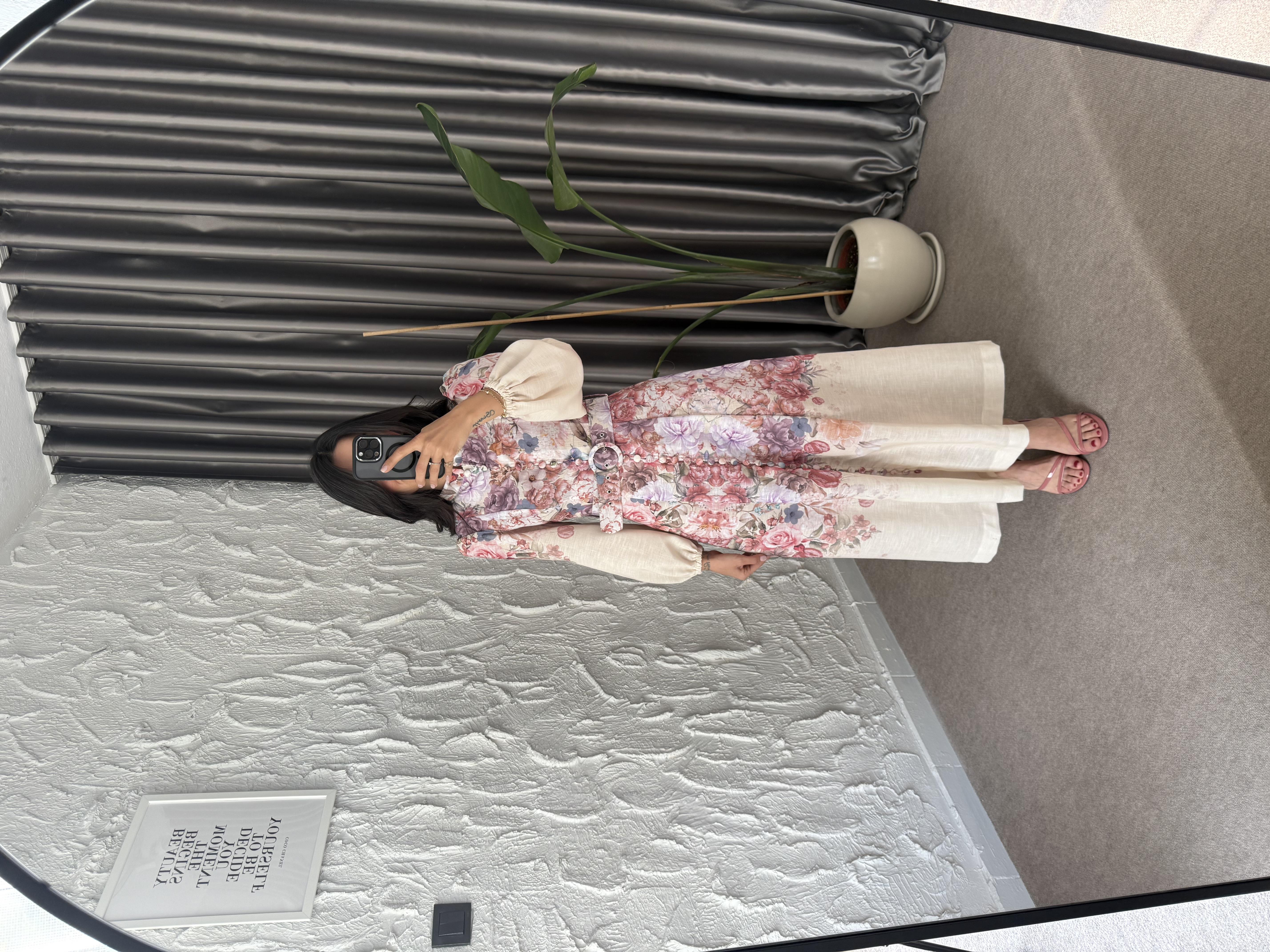 Gül Dijital Baskılı Keten Elbise