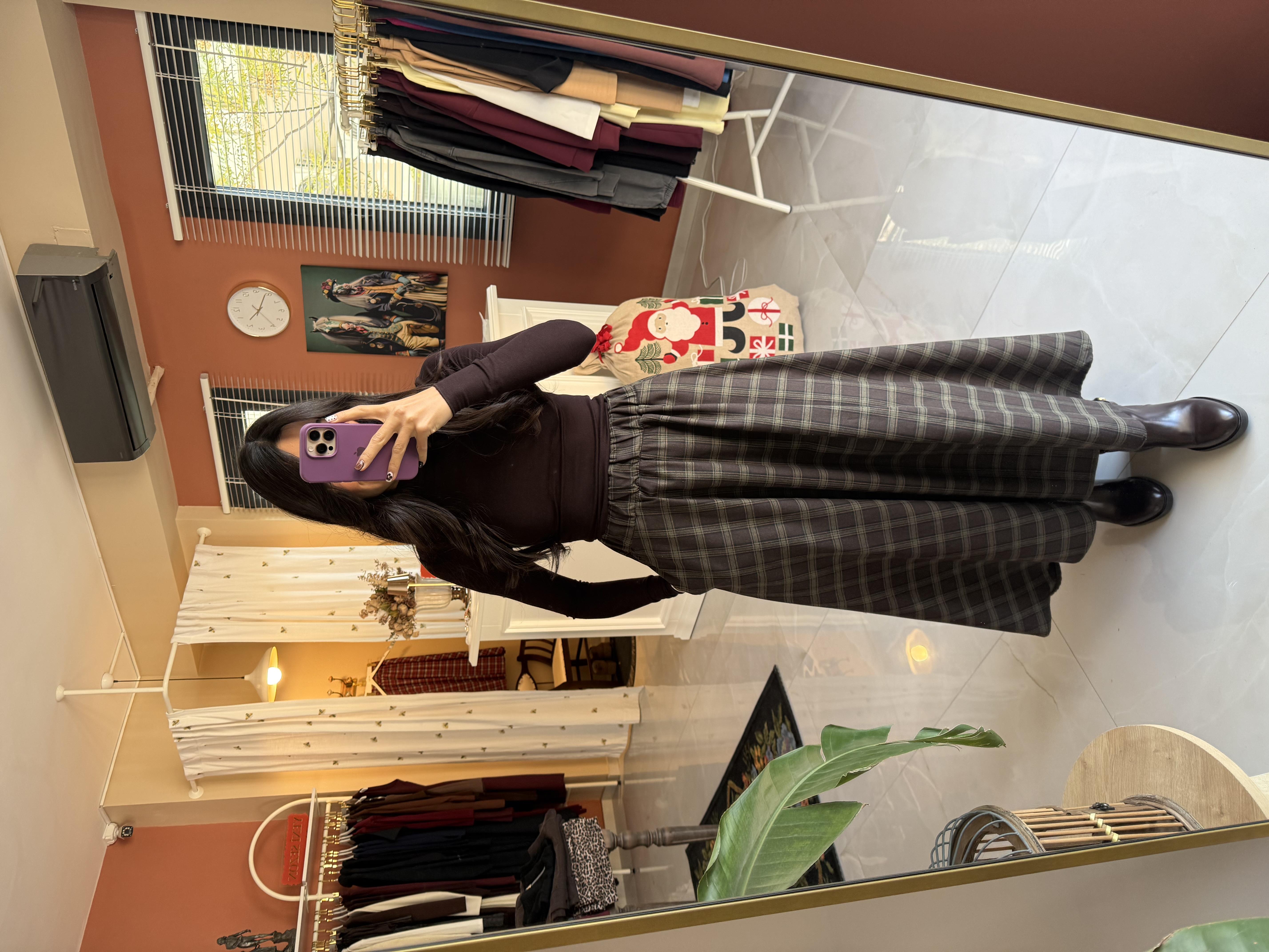 Haki Ekose Desenli Cepli Etek