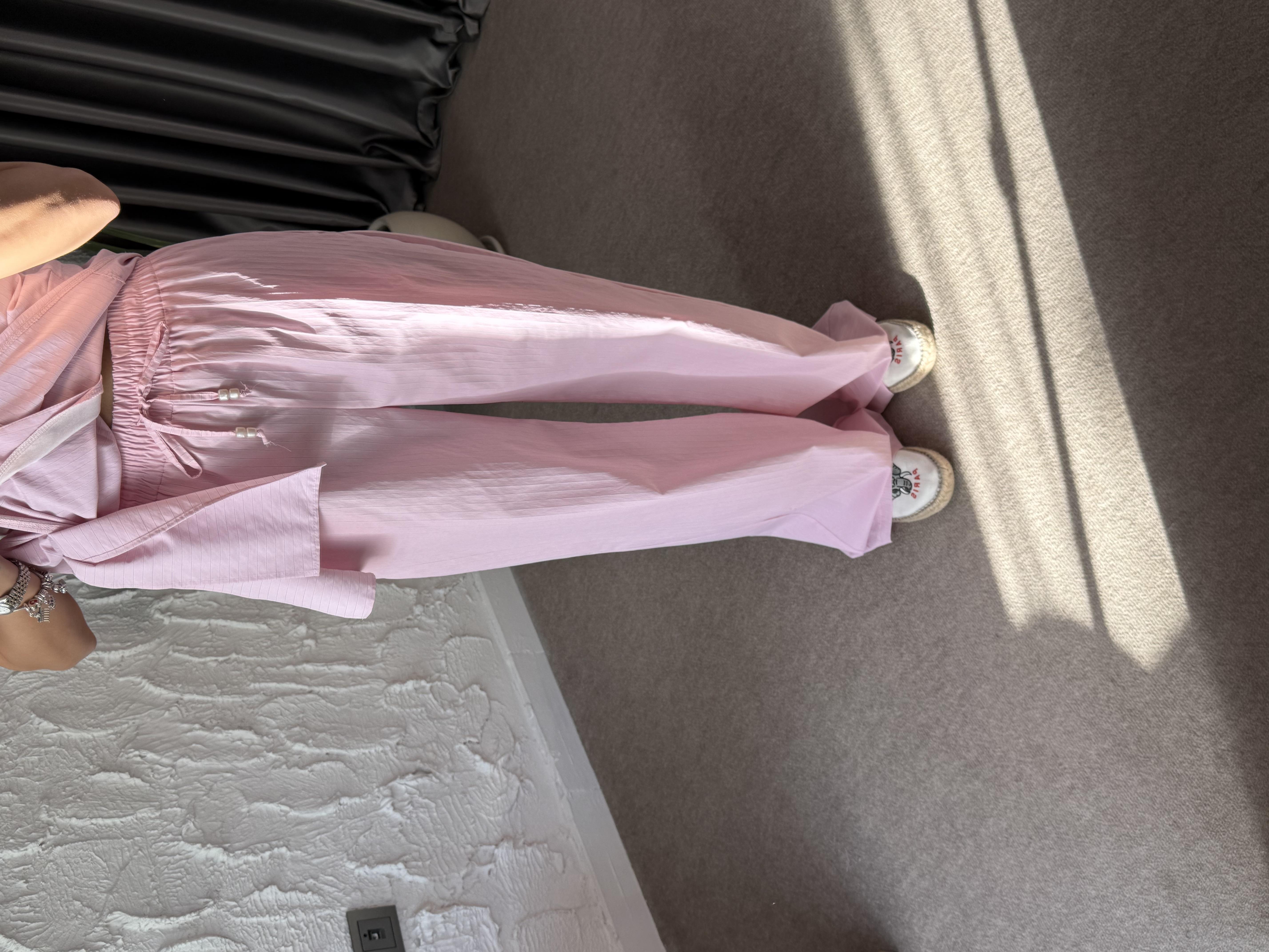 İnce Çizgili Pembe Kruvaze Bluz - Pantolon Takım · 5