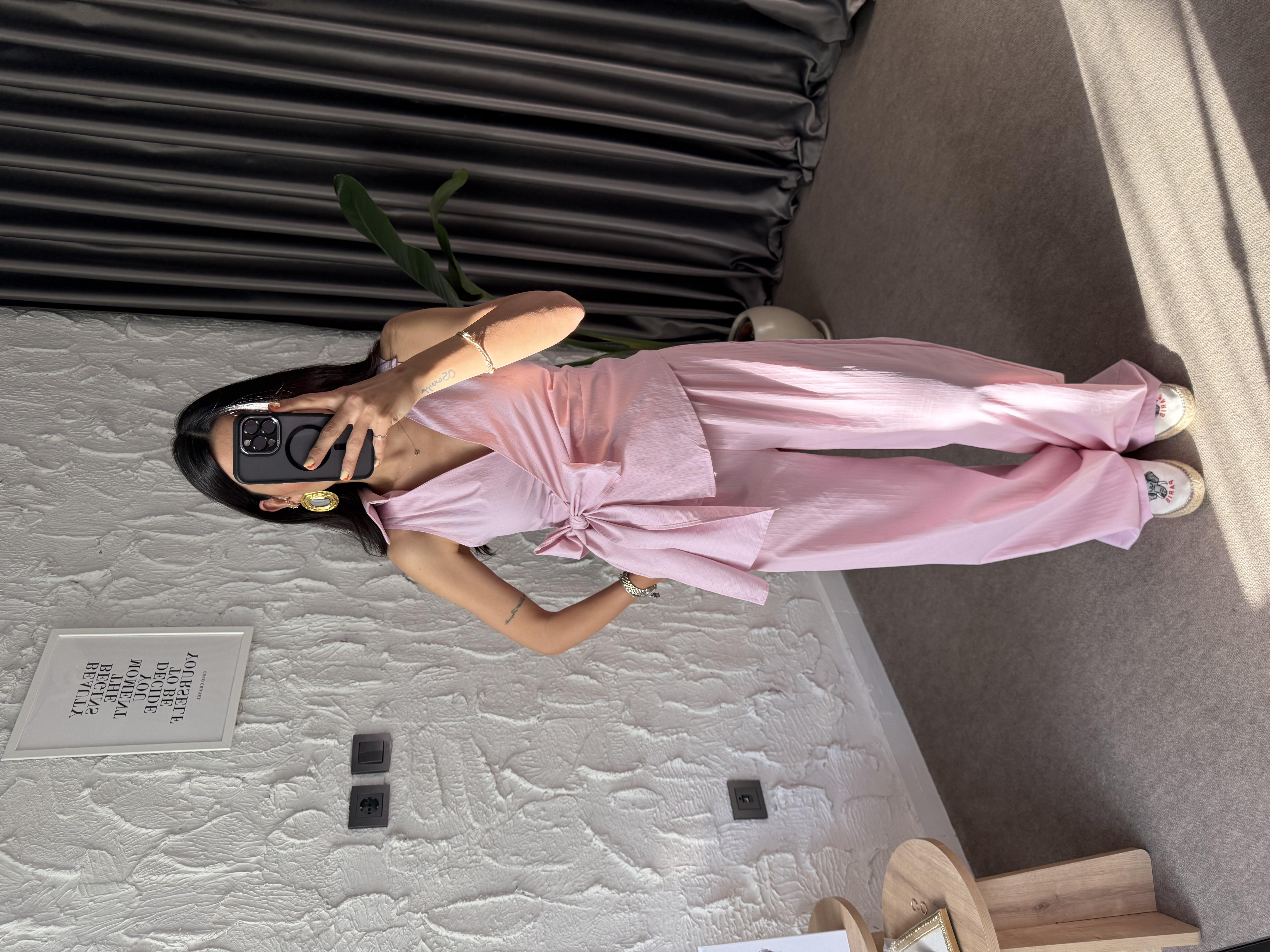İnce Çizgili Pembe Kruvaze Bluz - Pantolon Takım · 2