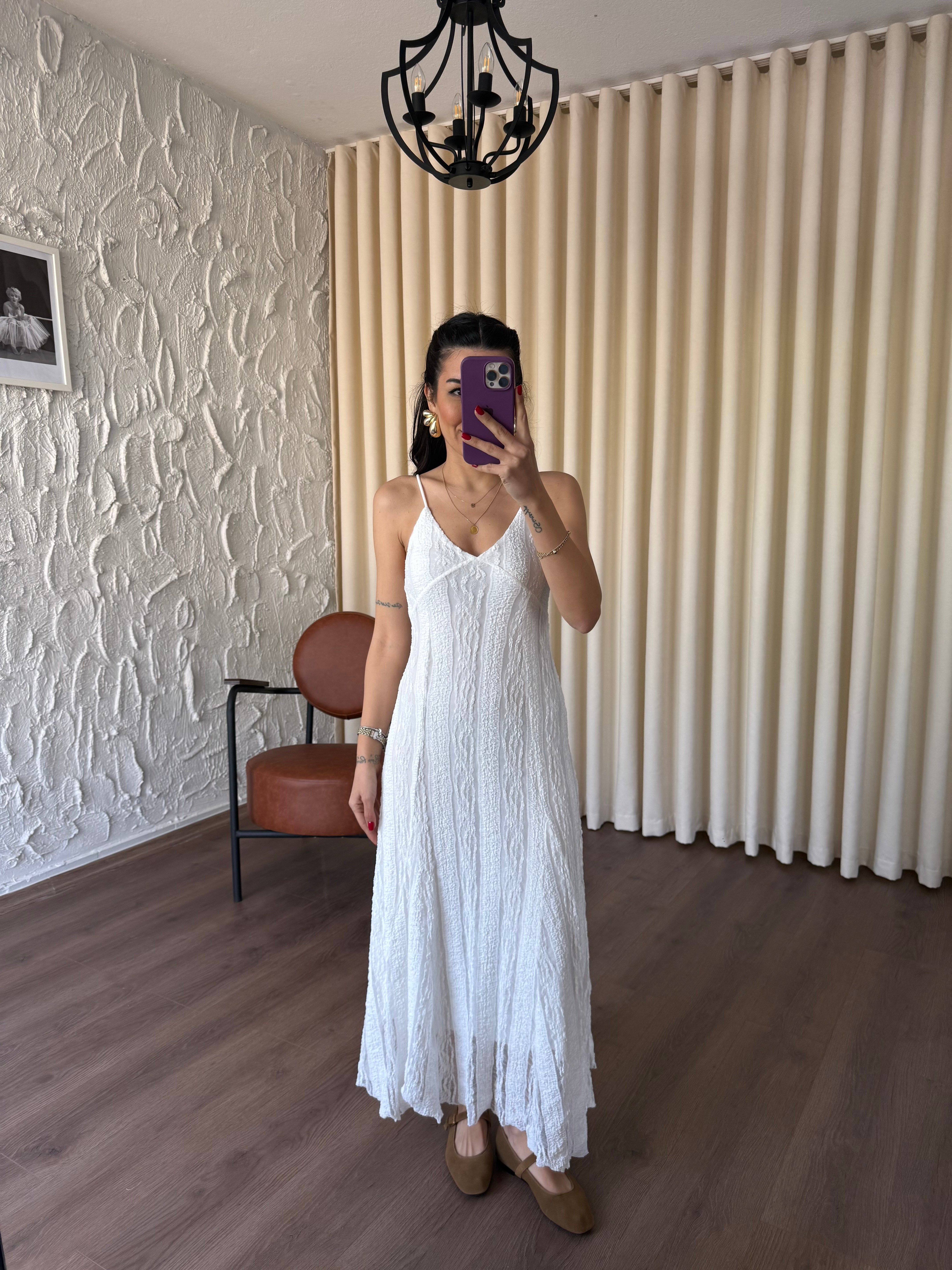 İp Askılı Jakarlı Ekru Elbise 