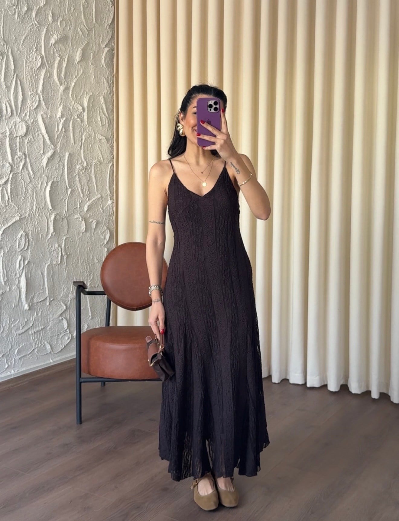 İp Askılı Jakarlı Kahverengi Elbise