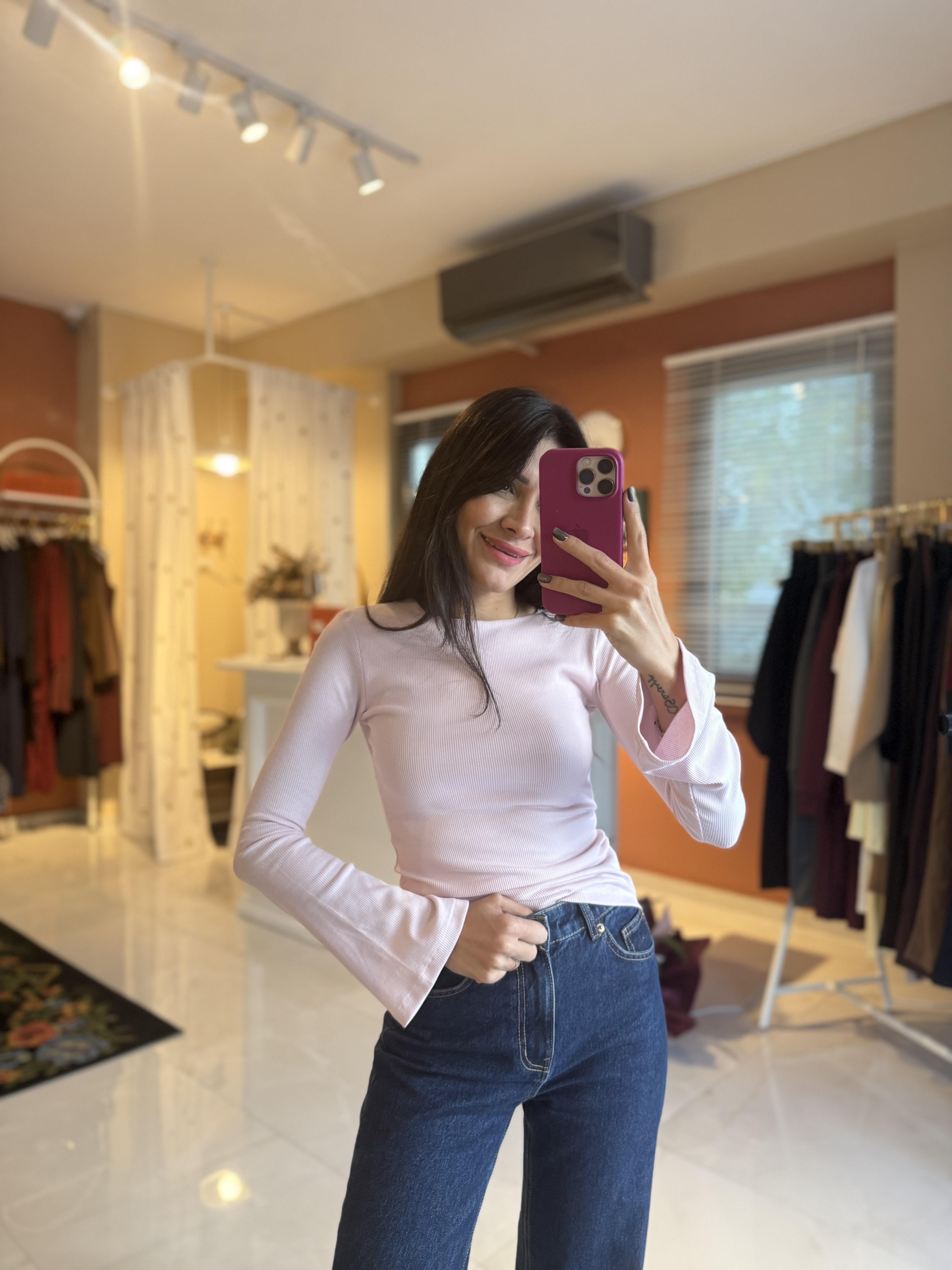 İspanyol Kol Fitilli Pembe Tshirt