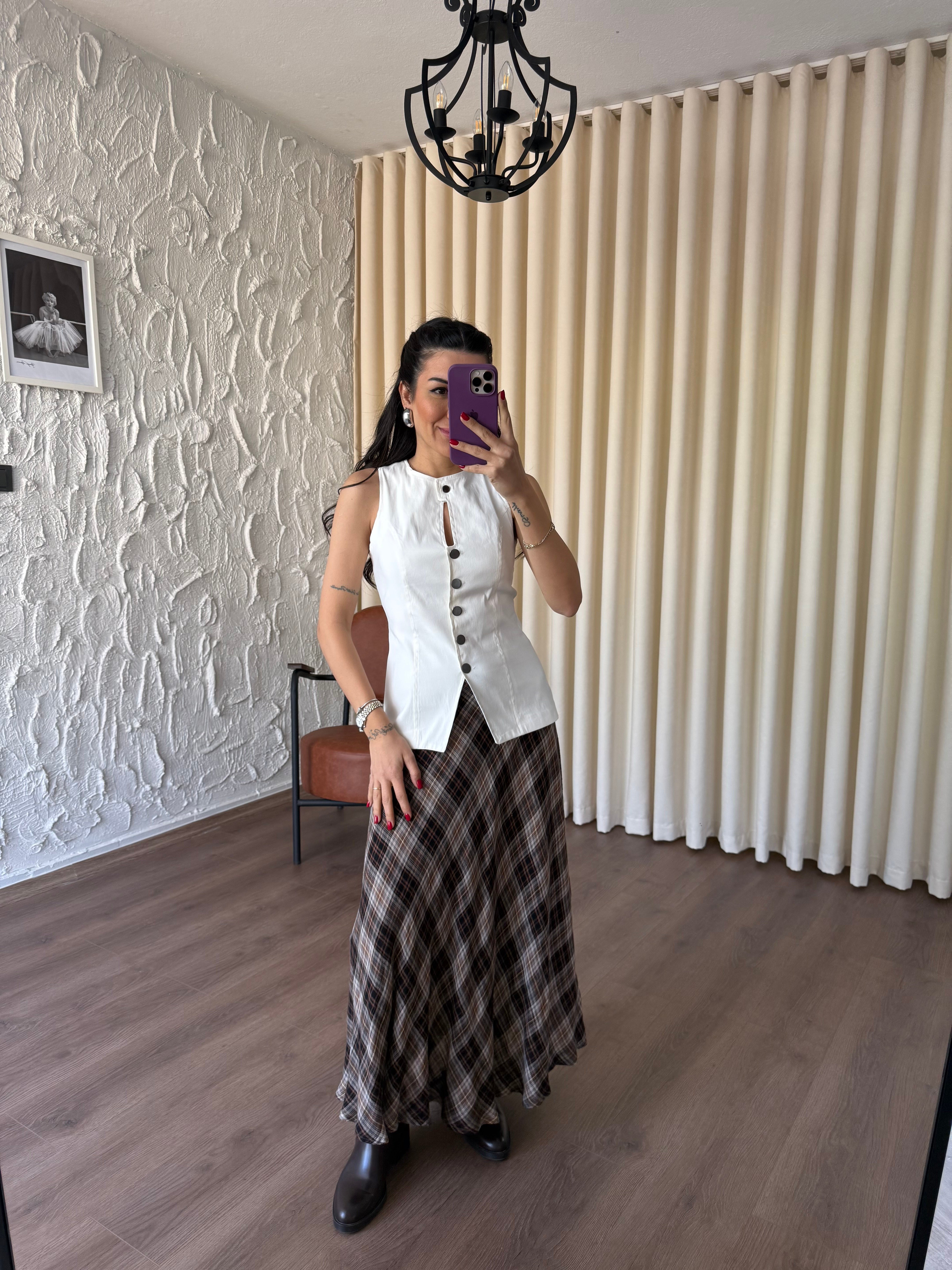 Kahve Ekose Desenli Kloş Etek