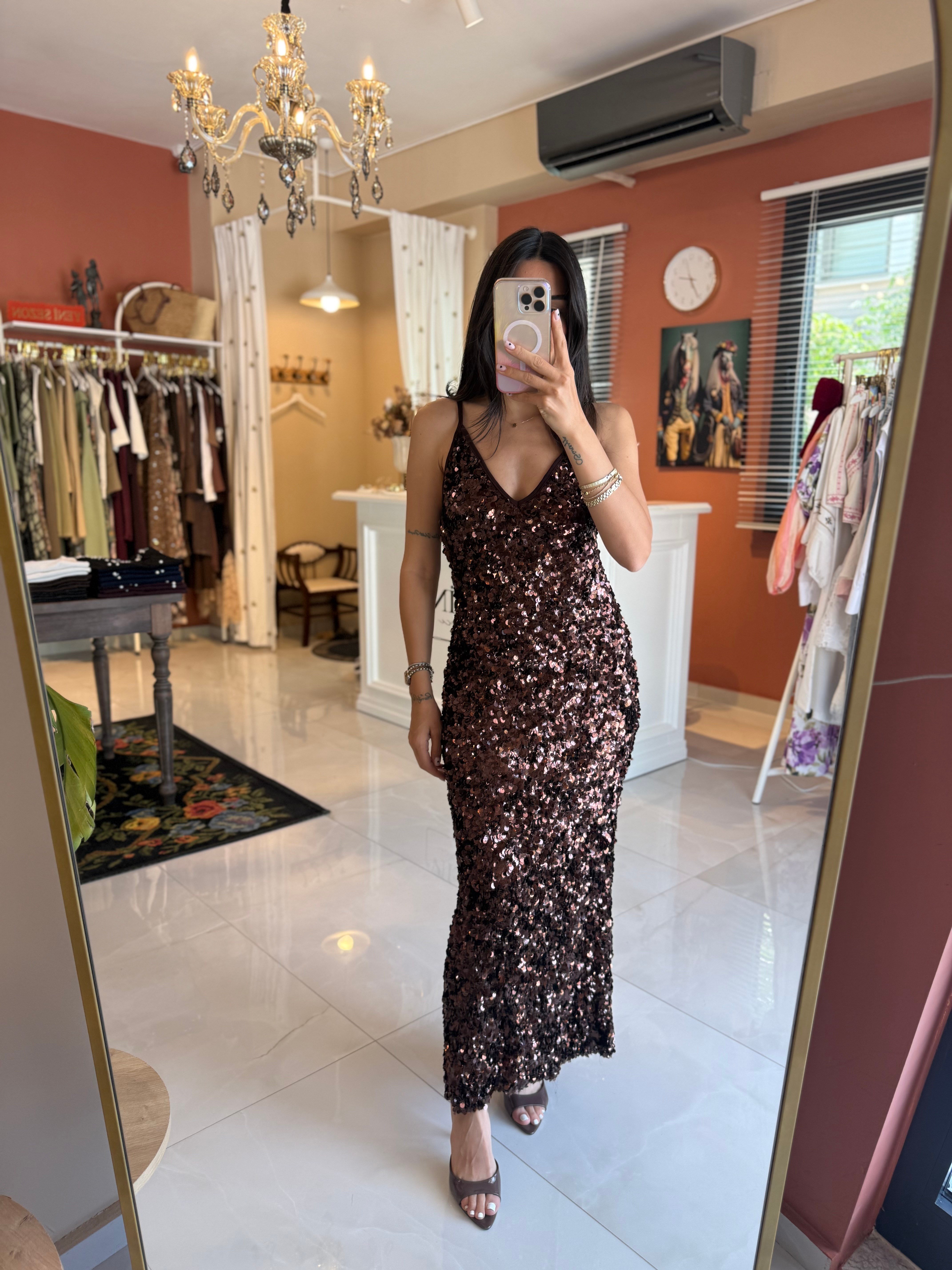 Kahve Payetli Maxi Elbise